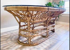 Rattan and Leather Wrapped Dining Table in the Manner of Franco Albini