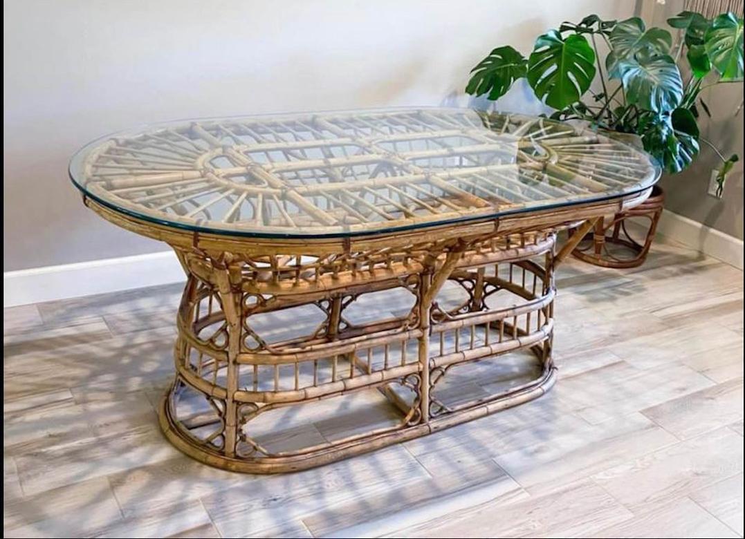 American Rattan and Leather Wrapped Dining Table in the Manner of Franco Albini