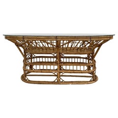 Rattan and Leather Wrapped Dining Table in the Manner of Franco Albini