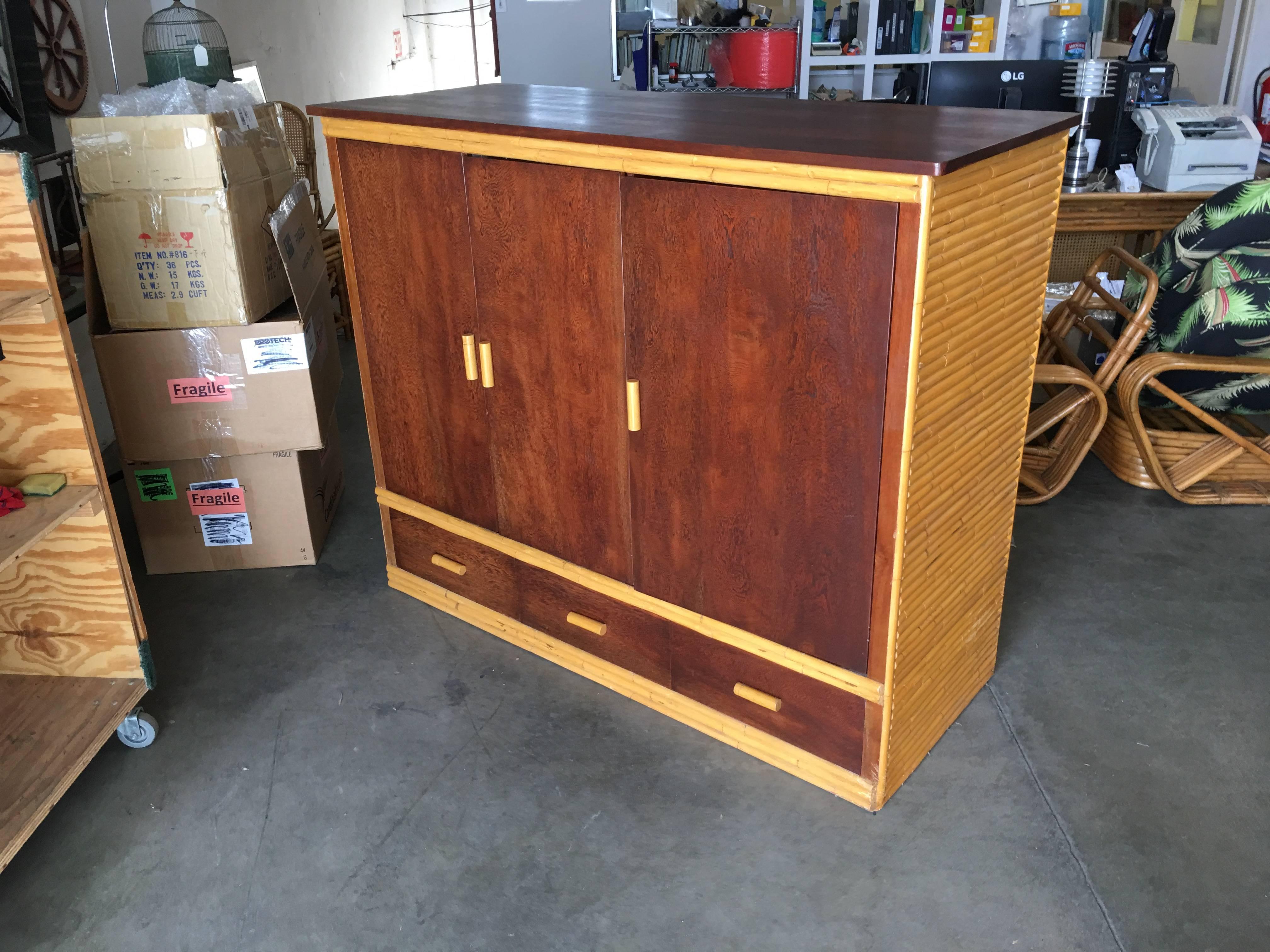 Modern Rattan and Mahogany TV Cabinet with Component Rack or Bar