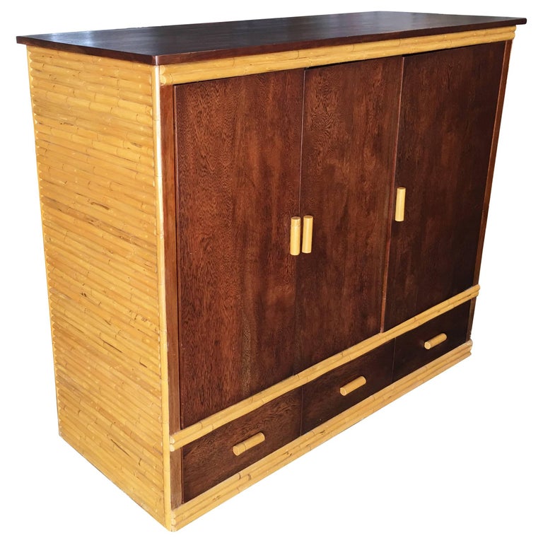 Rattan and Mahogany TV with Component Rack or Bar For Sale at