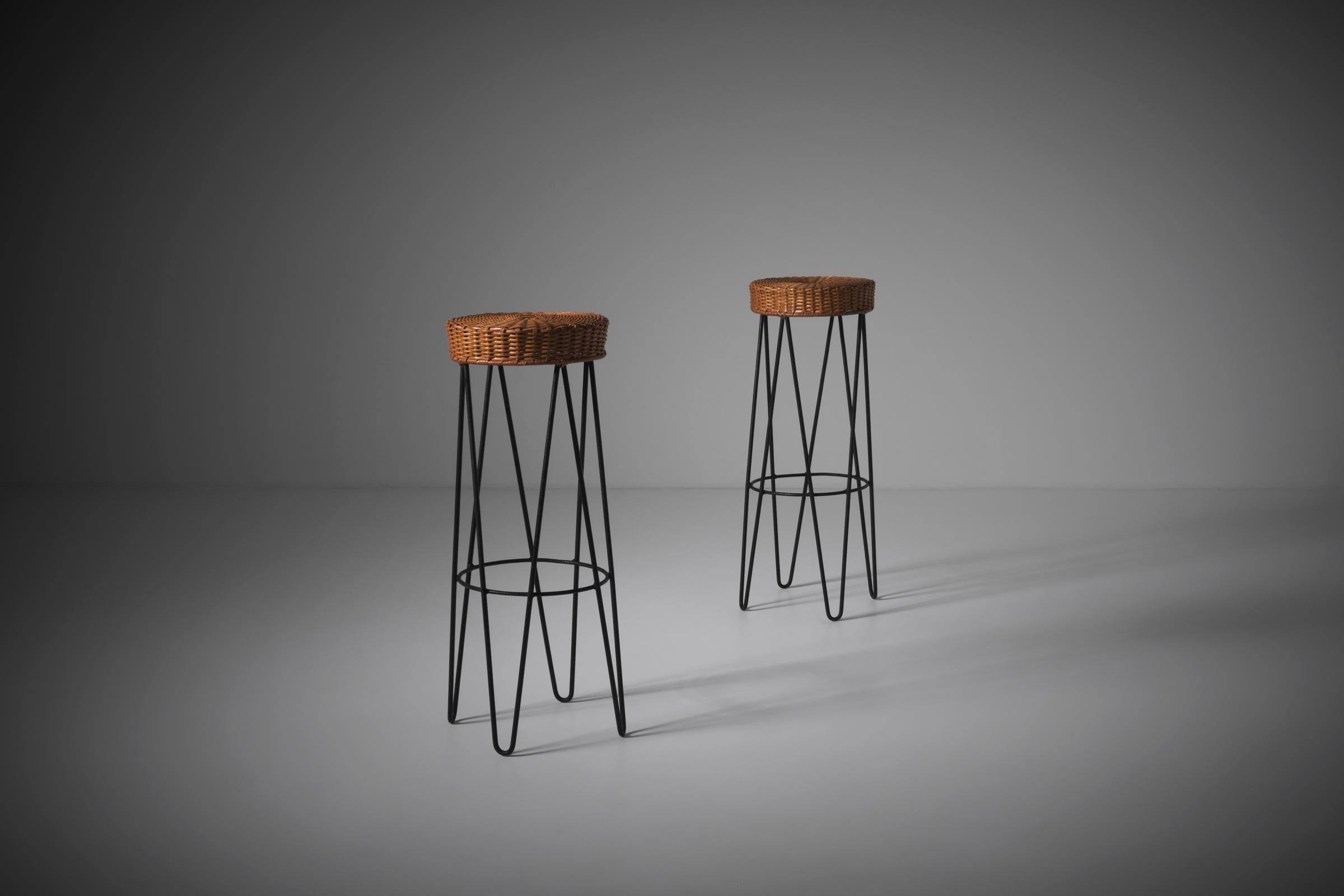Mid-20th Century Rattan and Metal Bar Stools, France 1950s