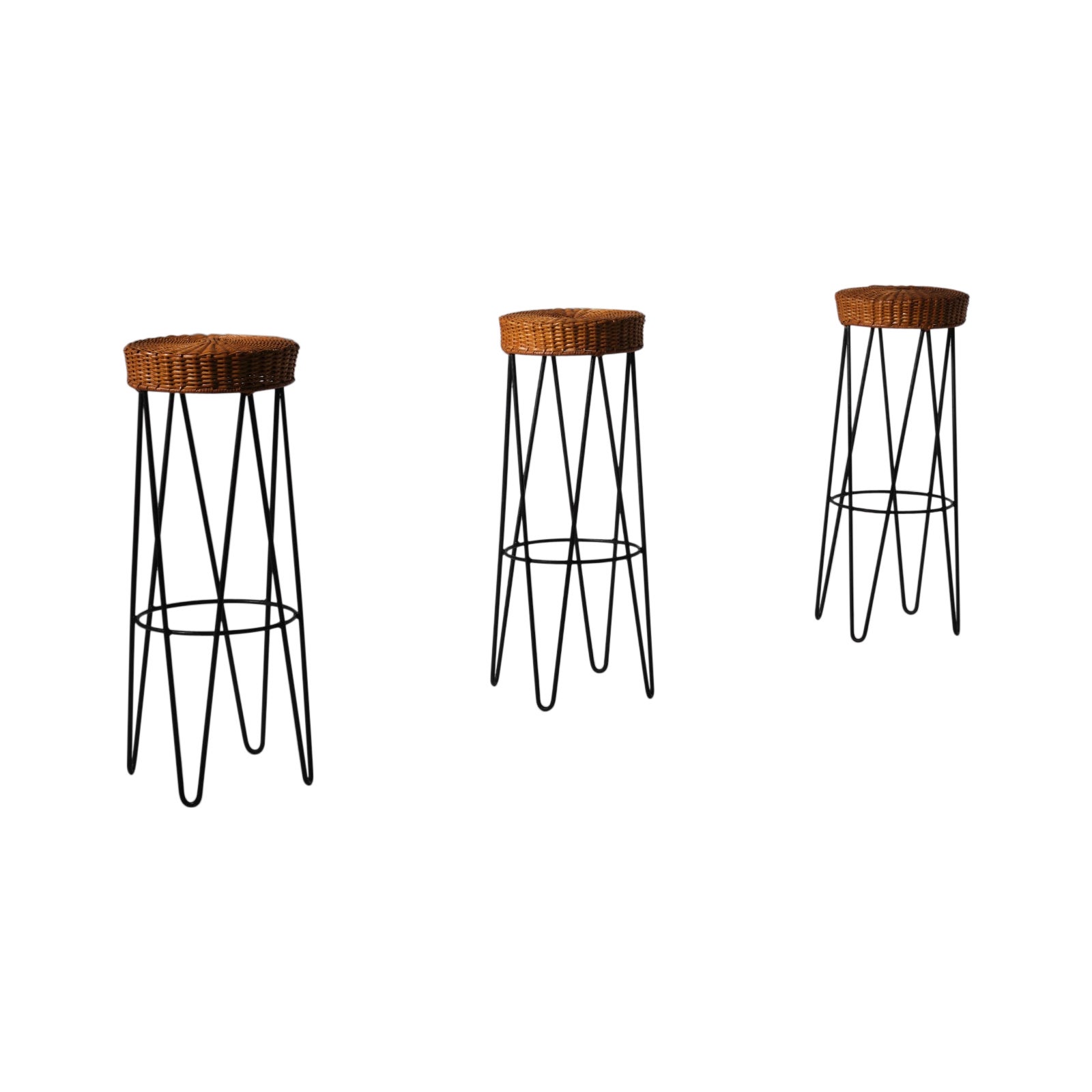 Rattan and Metal Bar Stools, France 1950s