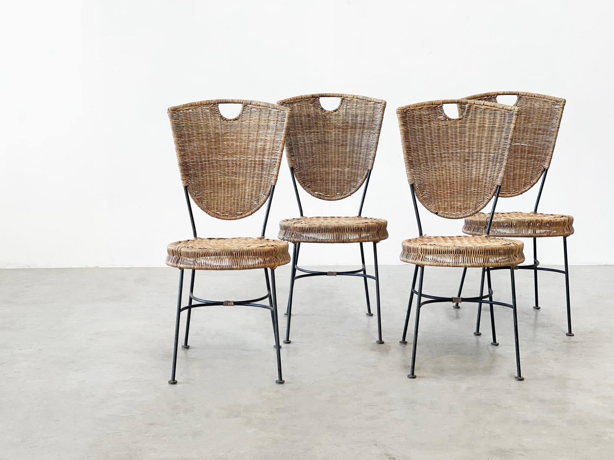 Late 20th Century Rattan and metal dining chairs For Sale
