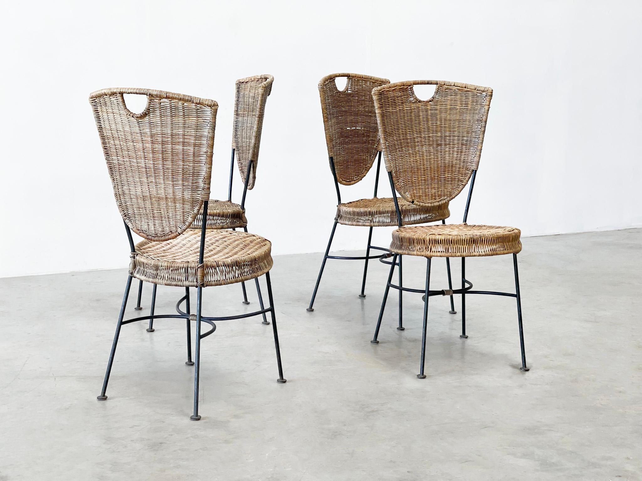 Rattan and metal dining chairs For Sale 1