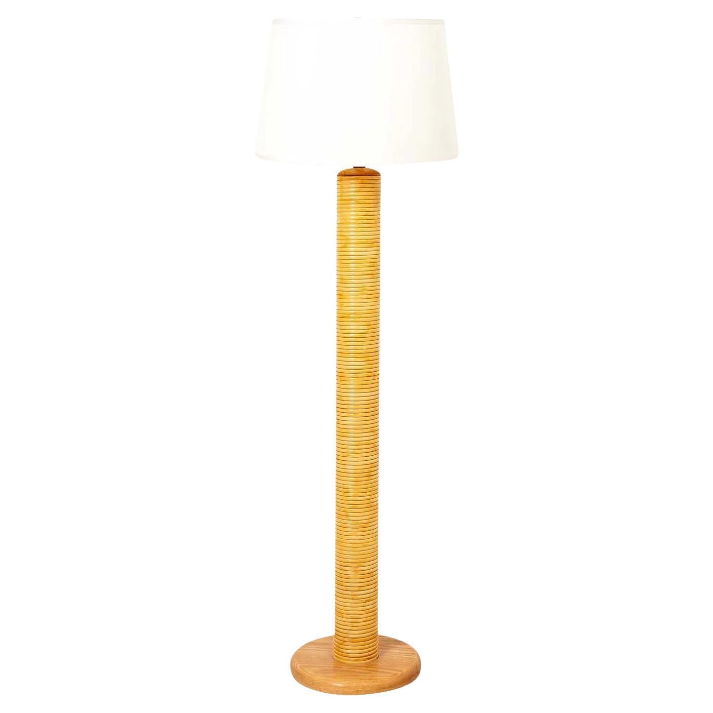Rattan and Oak Floor Lamp