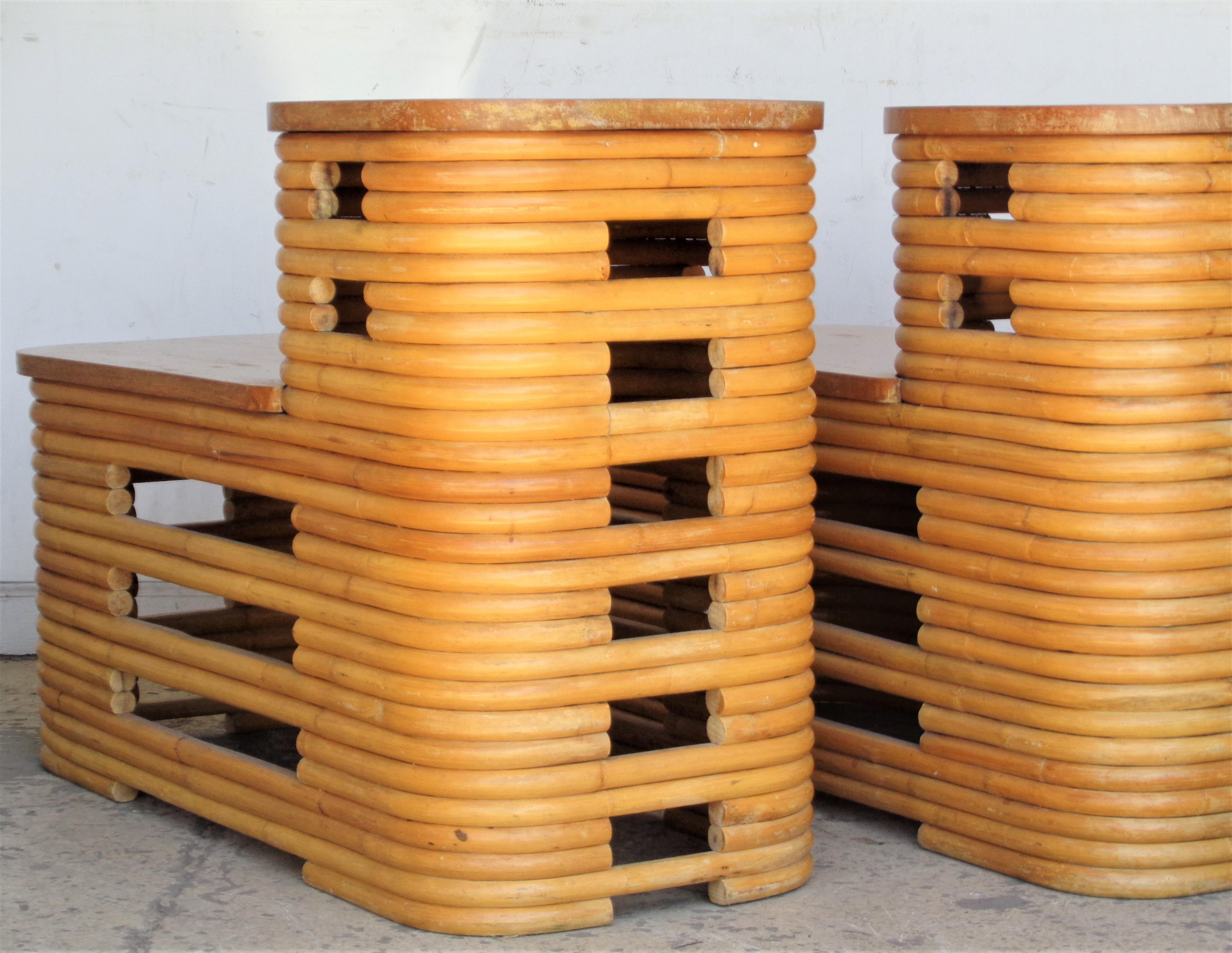 Paul Frankl Two Tiered Stacked Rattan Side Tables 7