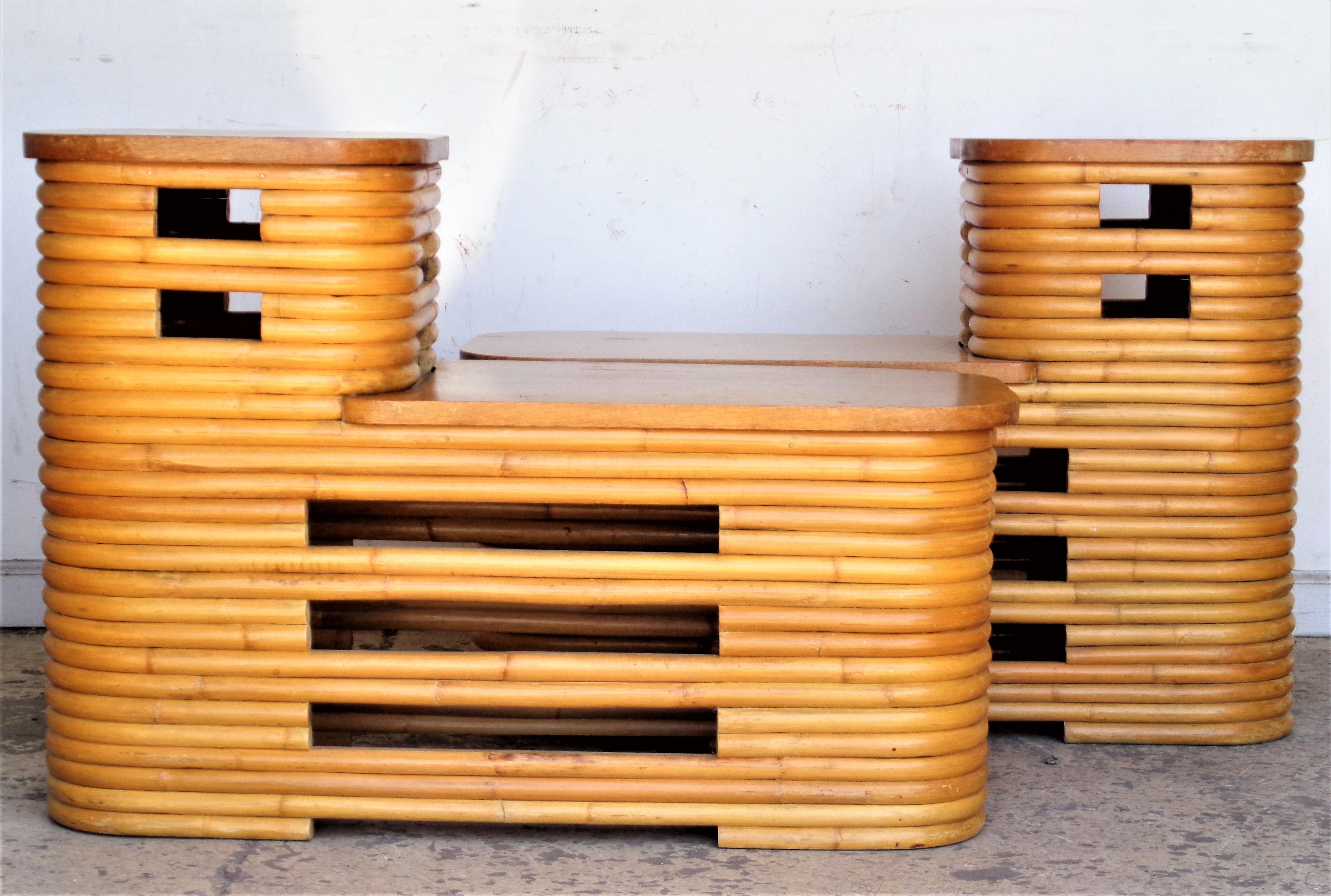 Paul Frankl Two Tiered Stacked Rattan Side Tables 10