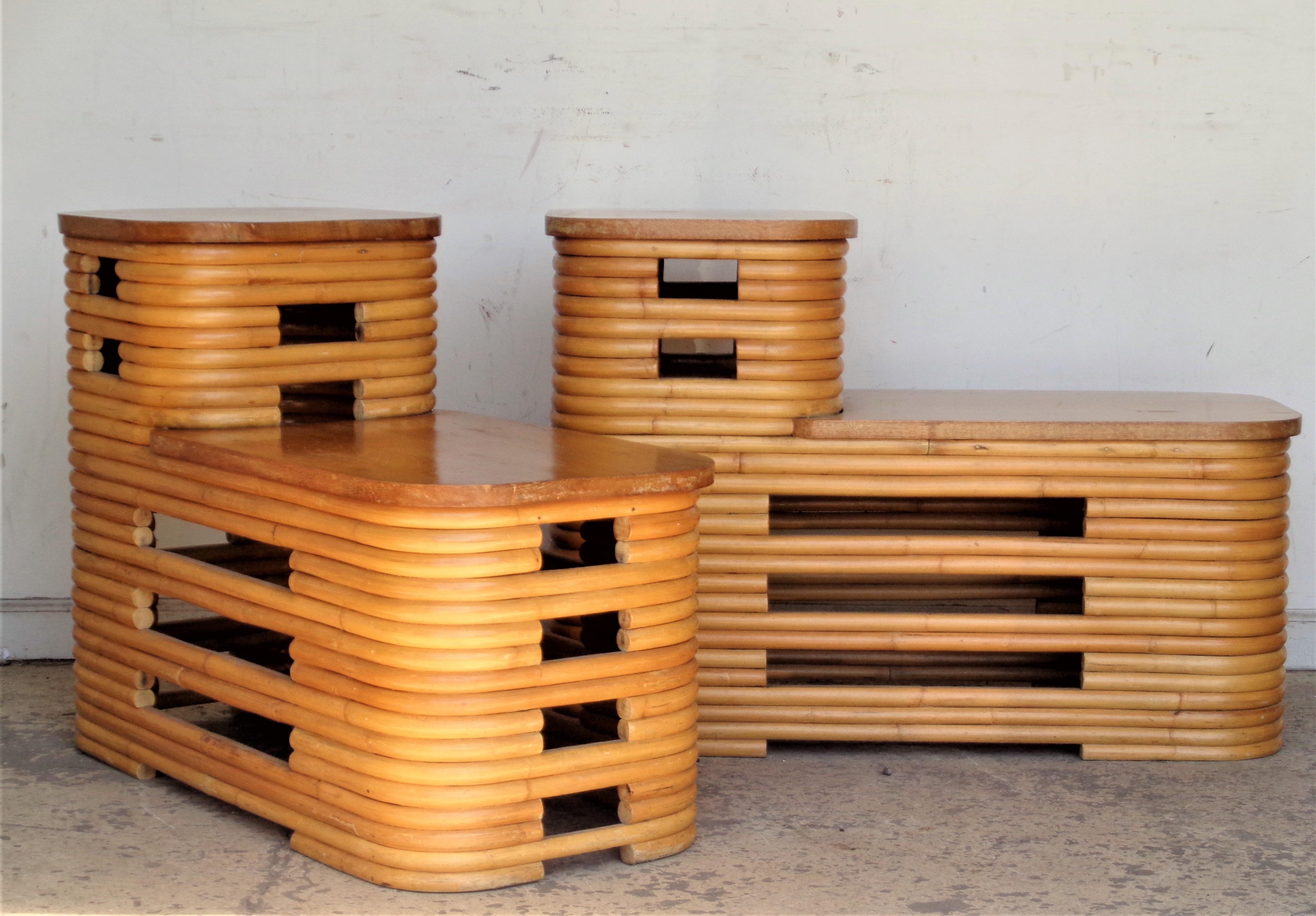 Paul Frankl Two Tiered Stacked Rattan Side Tables 13