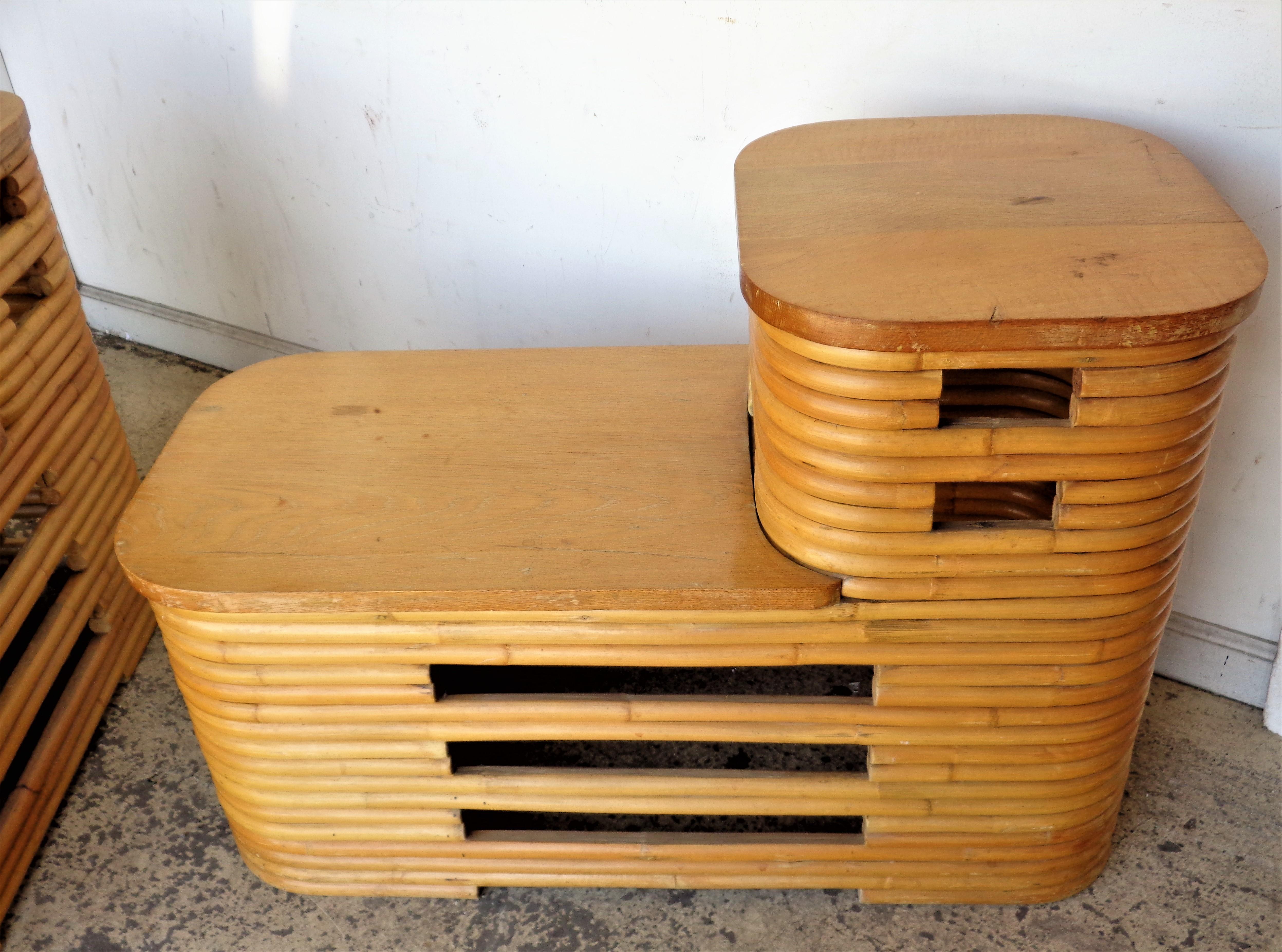 Art Deco Paul Frankl Two Tiered Stacked Rattan Side Tables
