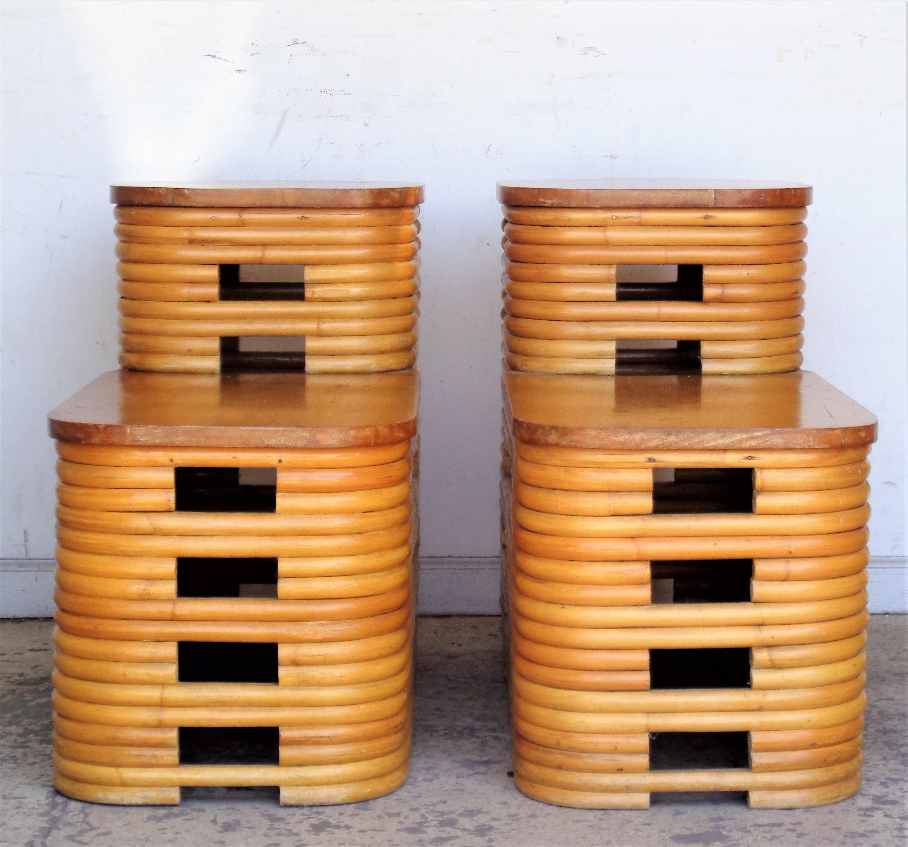 Hand-Crafted Paul Frankl Two Tiered Stacked Rattan Side Tables