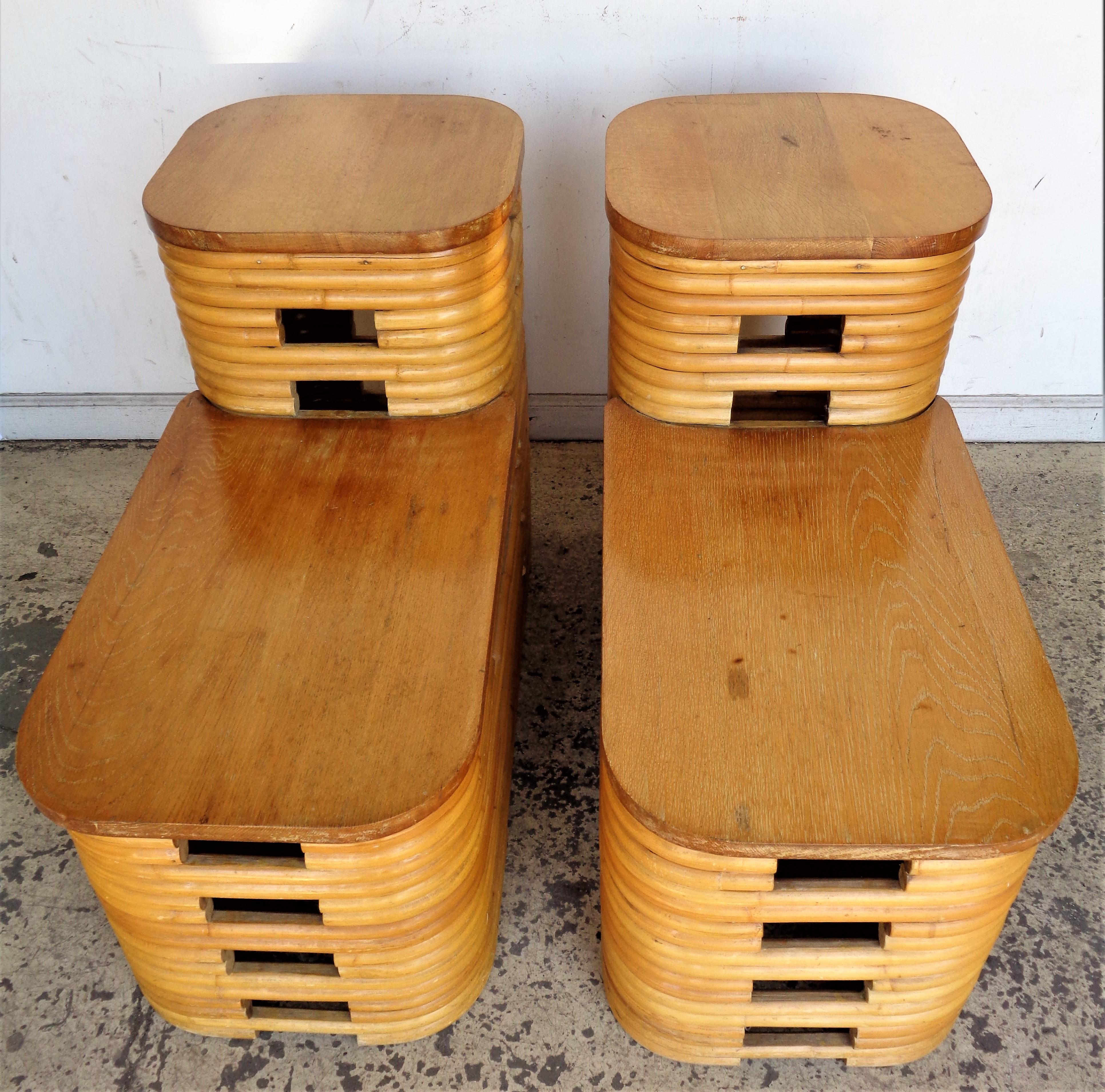 Paul Frankl Two Tiered Stacked Rattan Side Tables In Good Condition In Rochester, NY