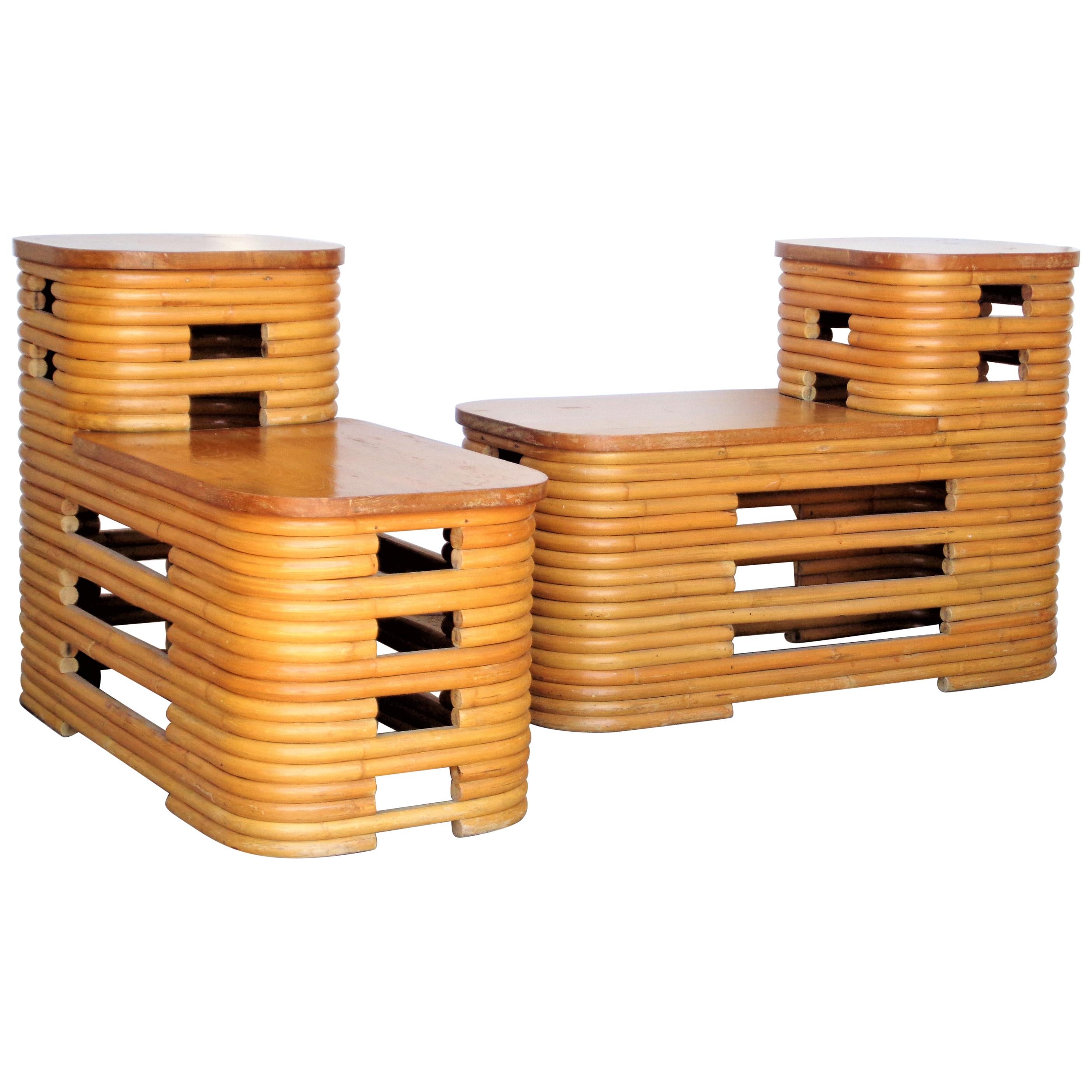 Paul Frankl Two Tiered Stacked Rattan Side Tables