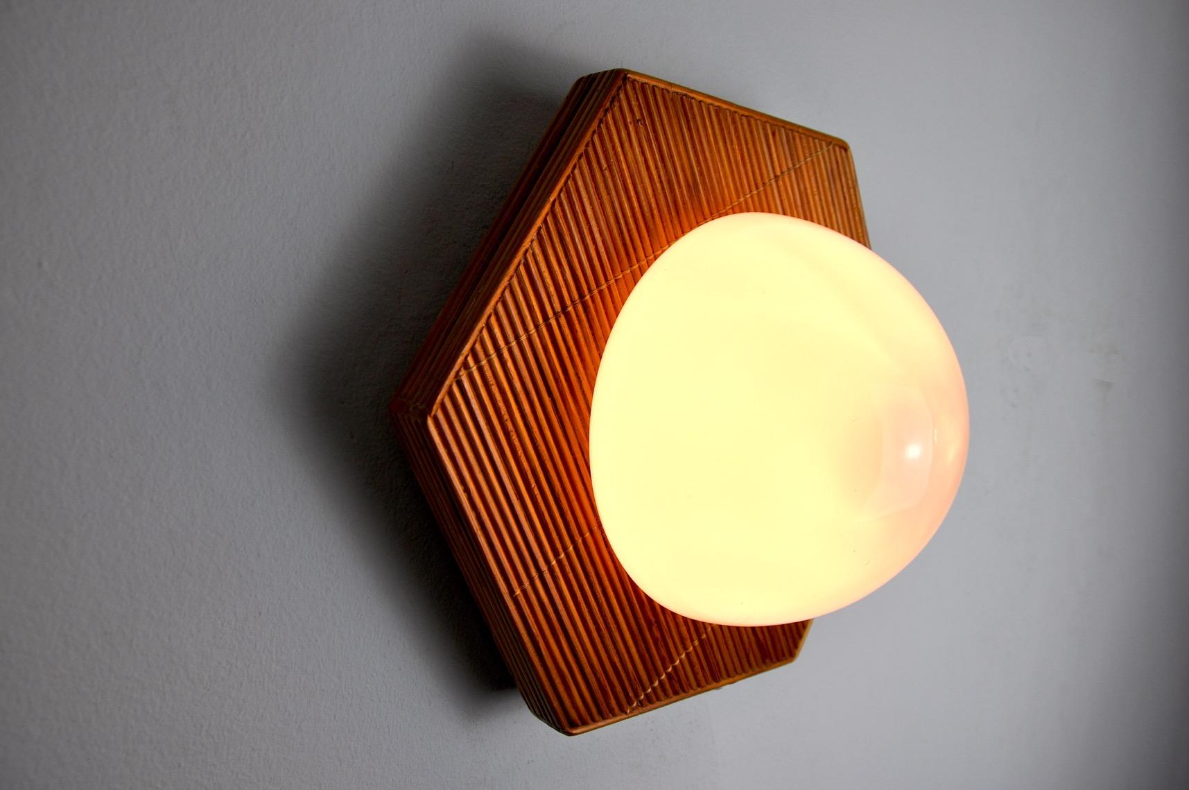Late 20th Century Rattan and Opaline Wall Lamp, France, 1970 For Sale