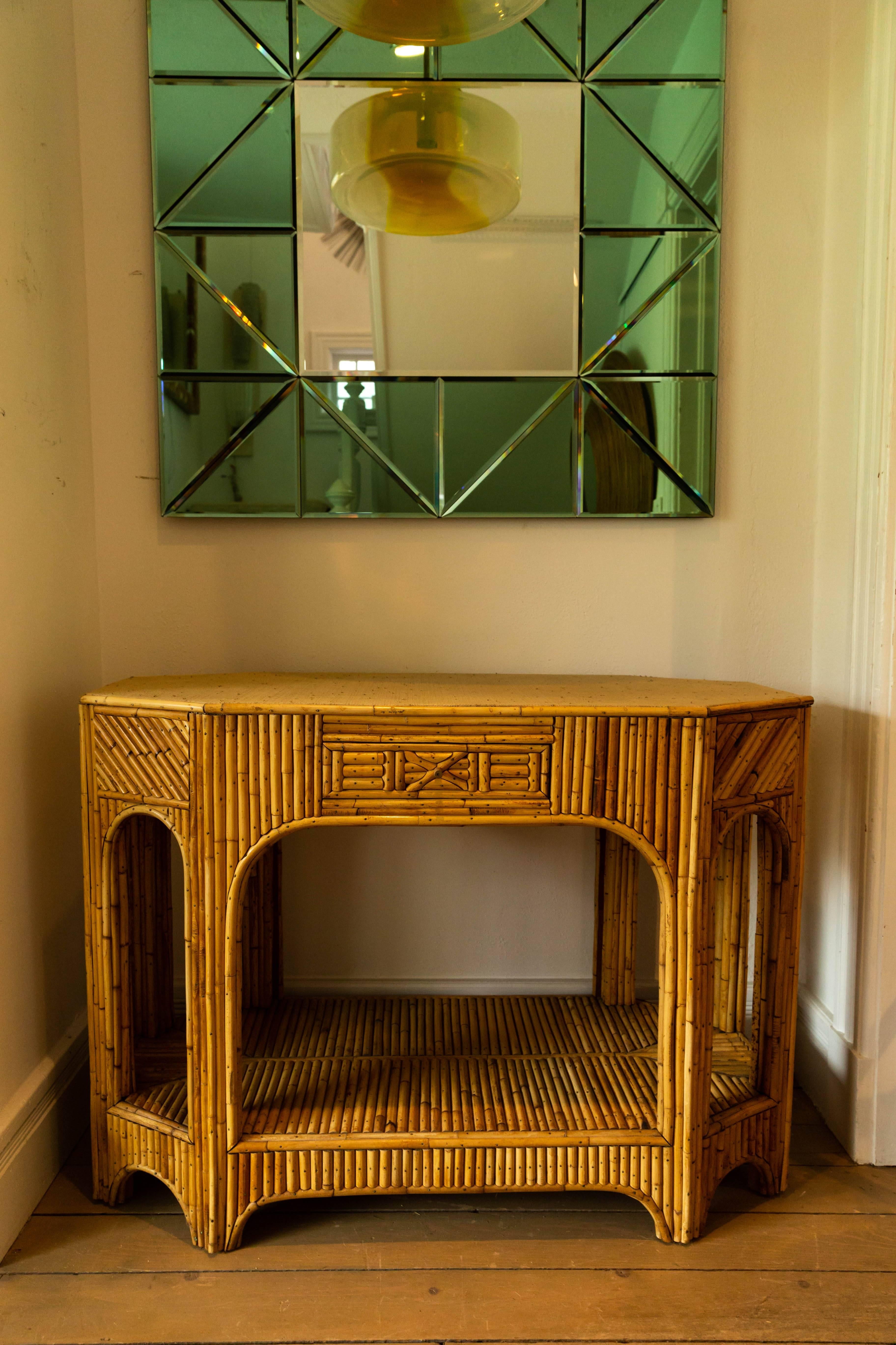 Italian Rattan and Reed Console with Single Drawer and Bottom Shelf