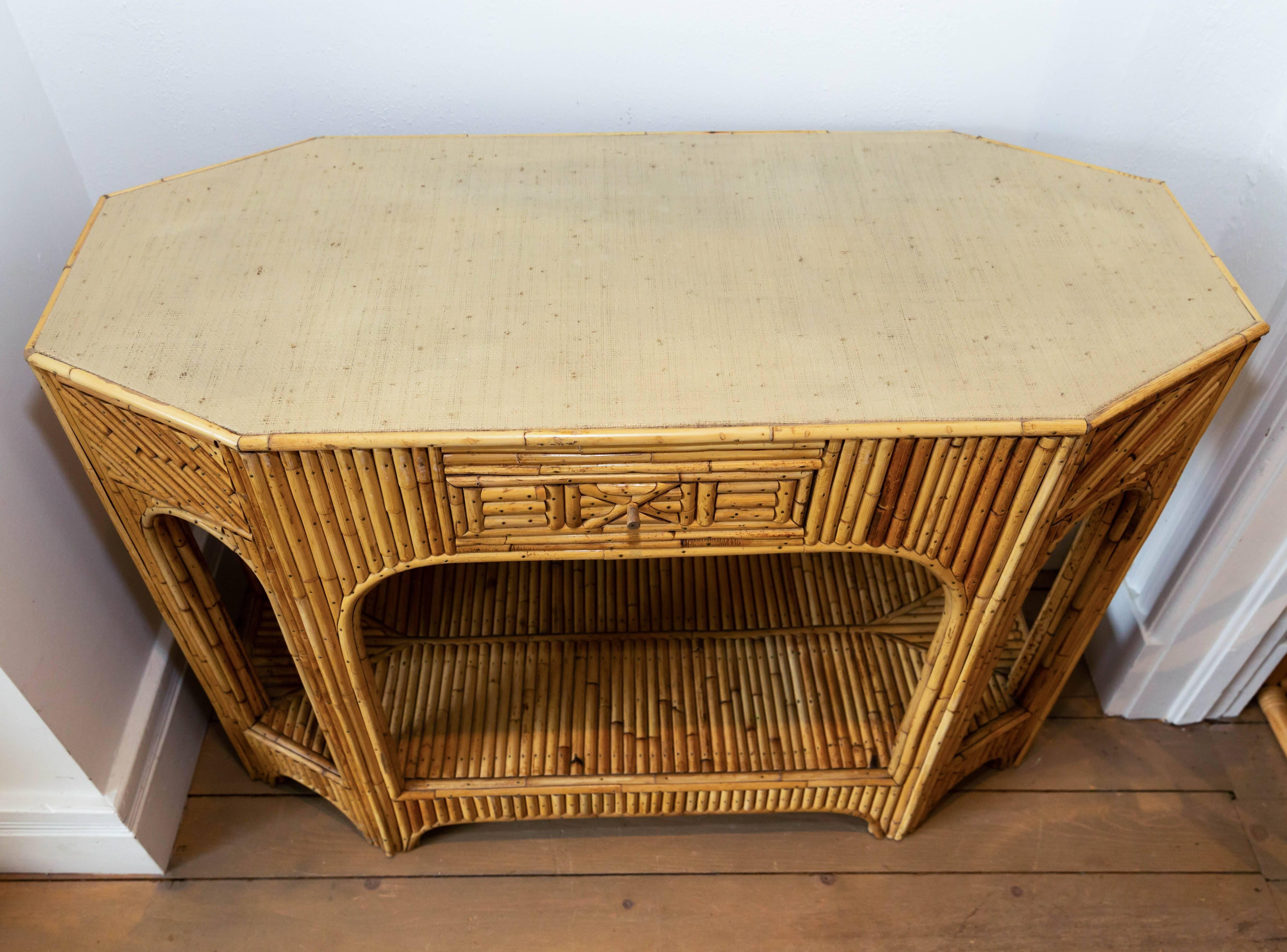 Hand-Woven Rattan and Reed Console with Single Drawer and Bottom Shelf