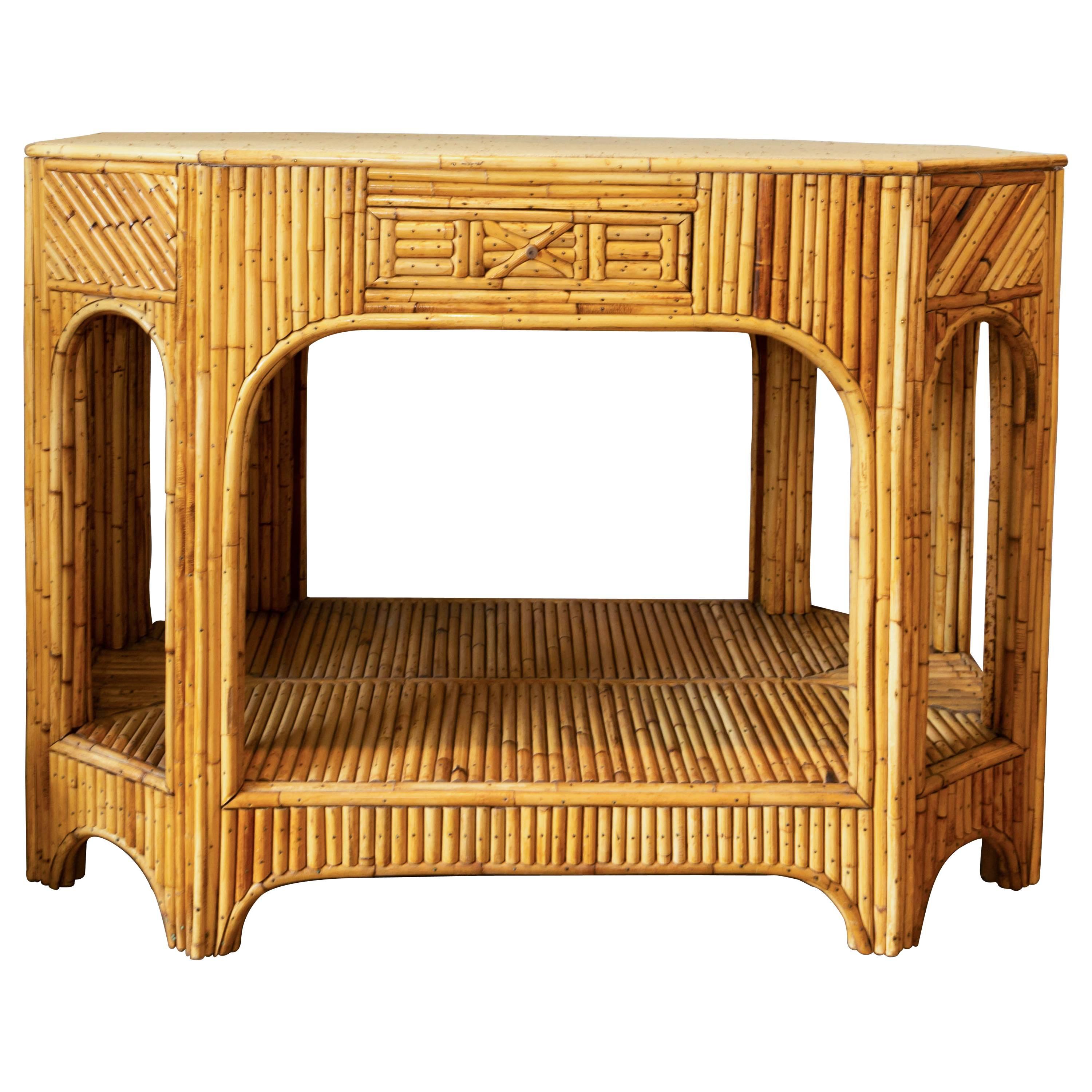 Rattan and Reed Console with Single Drawer and Bottom Shelf