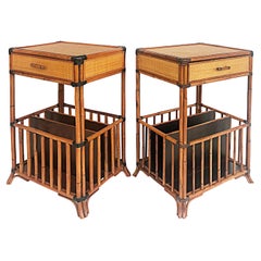 Rattan and Reed Night Stands End Tables with Leather Straps, Single Drawer, Pair