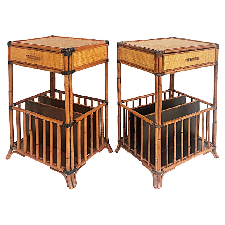 Rattan and Reed Night Stands End Tables with Leather Straps, Single ...