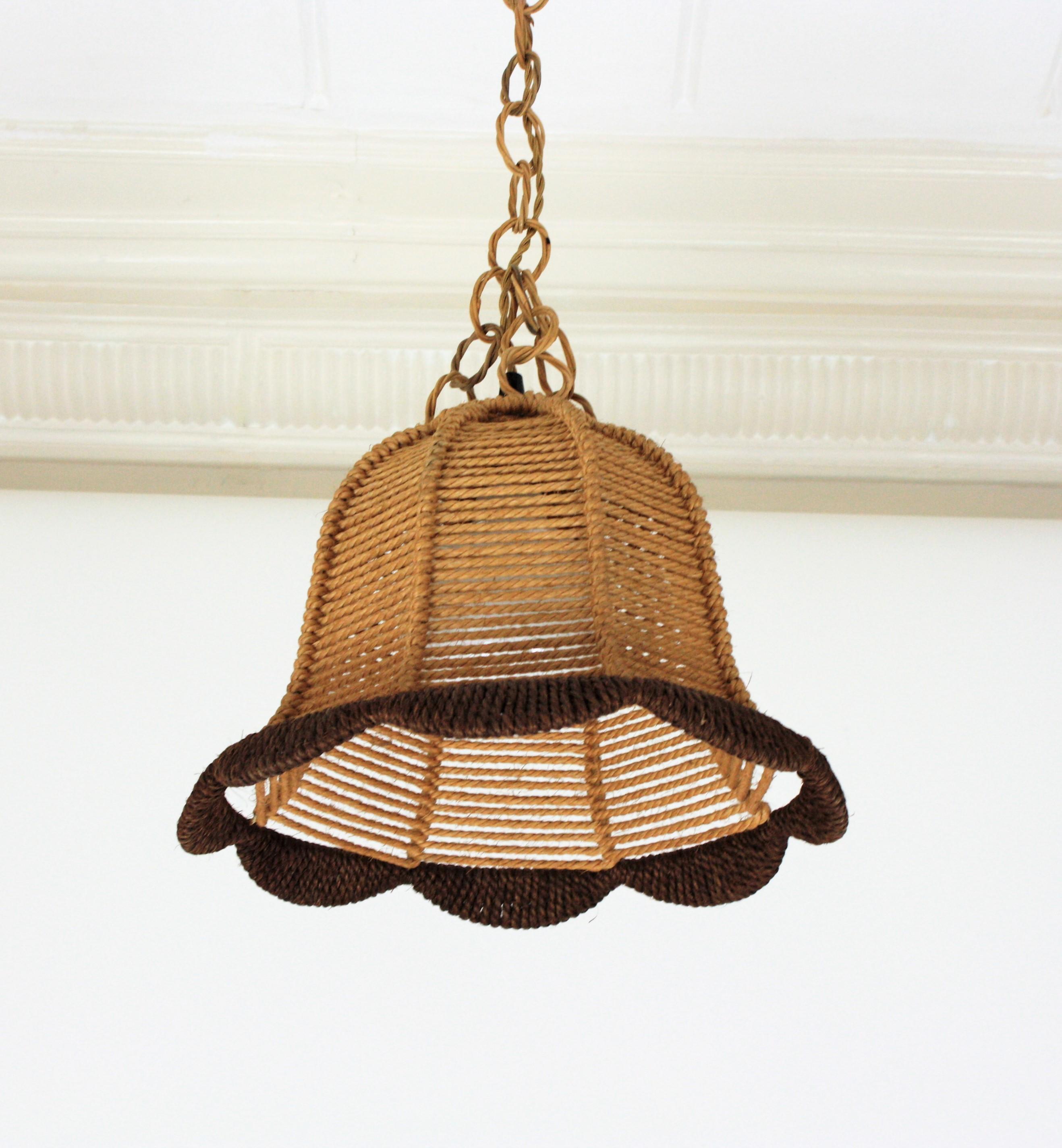 Rattan and Rope Bell Ceiling Pendant Light Hanging Lamp, Spain, 1960s 2