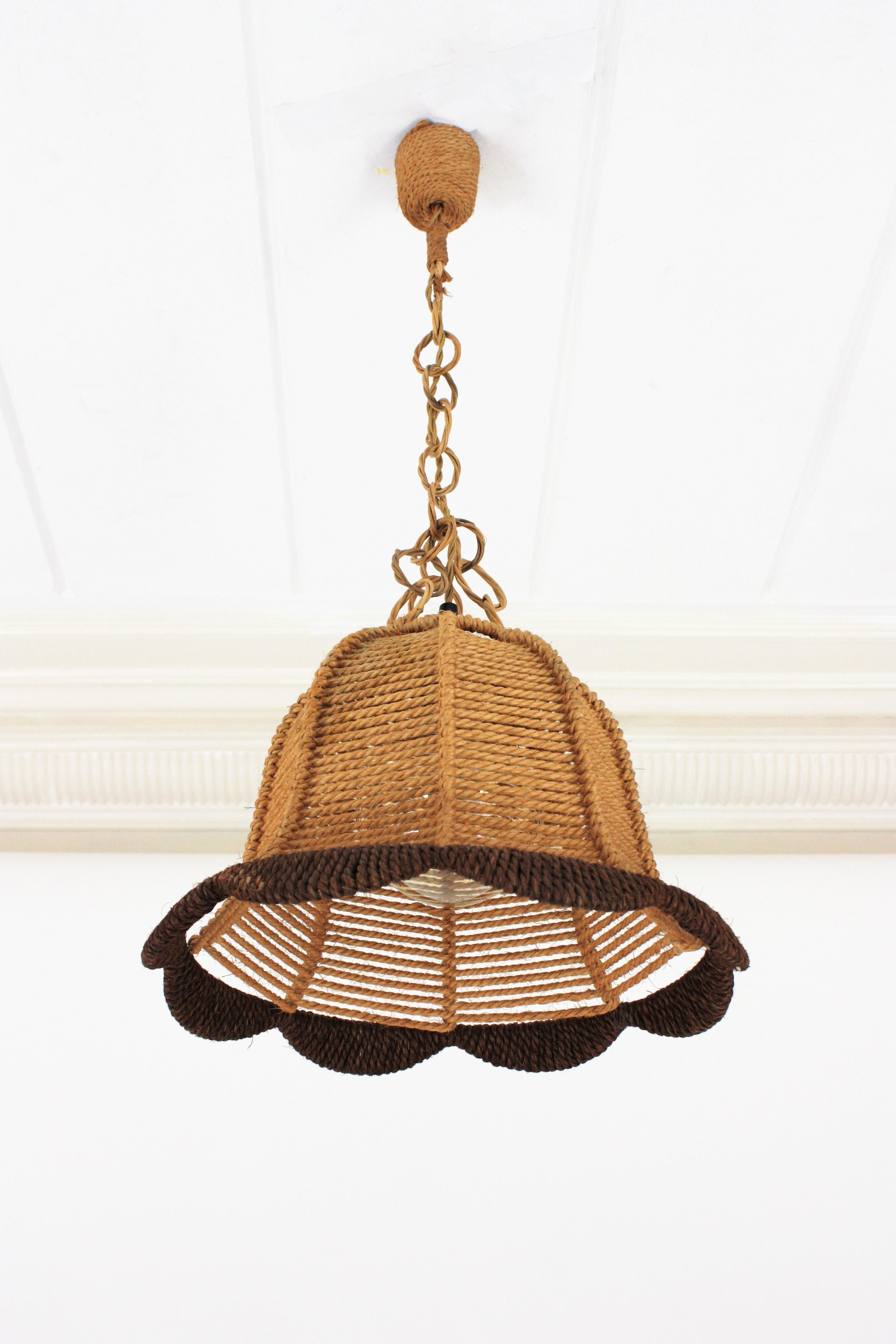 Rattan and Rope Bell Ceiling Pendant Light Hanging Lamp, Spain, 1960s 3