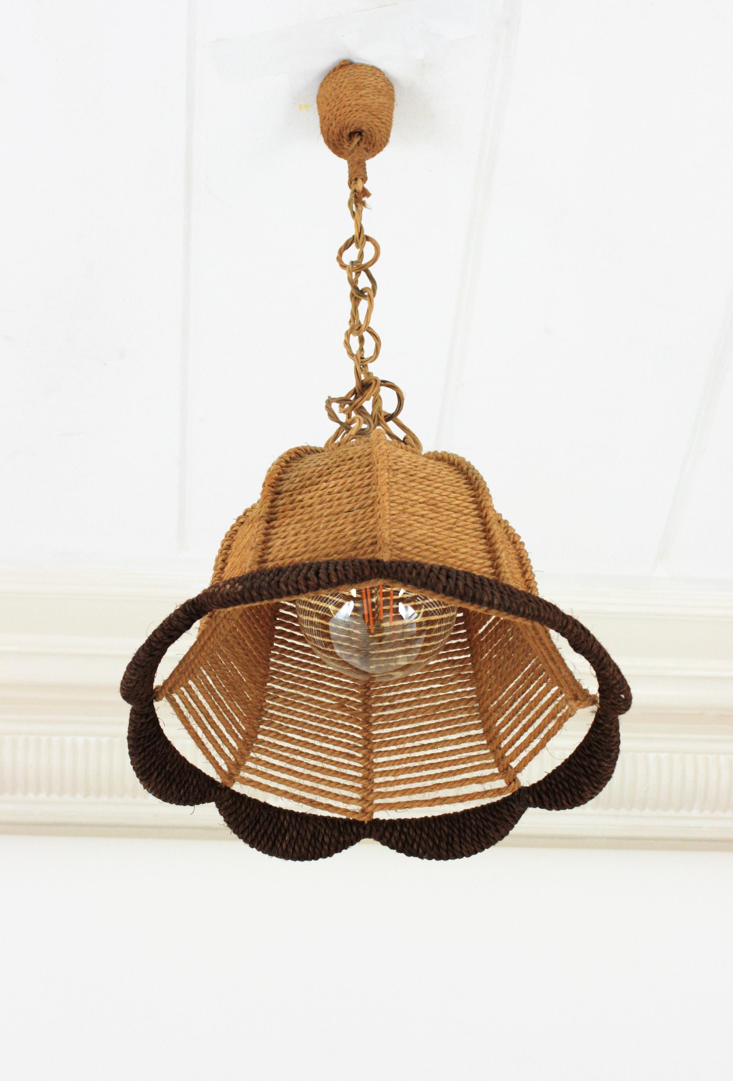 Rattan and Rope Bell Ceiling Pendant Light Hanging Lamp, Spain, 1960s 5