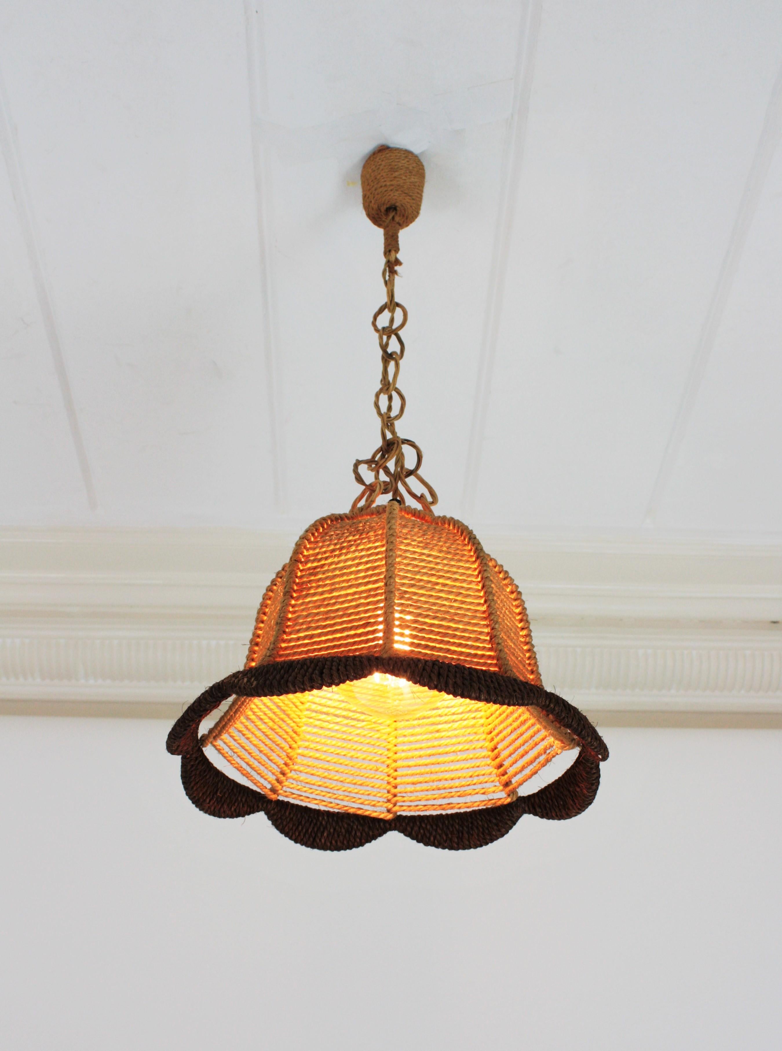 Rattan and Rope Bell Ceiling Pendant Light Hanging Lamp, Spain, 1960s 6
