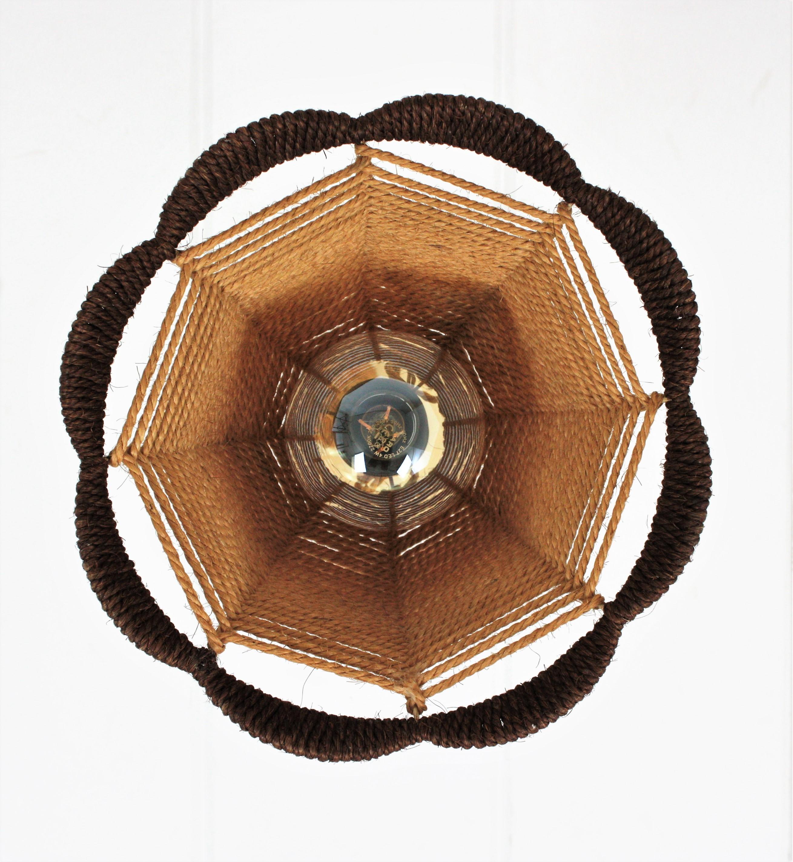 Mid-Century Modern Rattan and Rope Bell Ceiling Pendant Light Hanging Lamp, Spain, 1960s