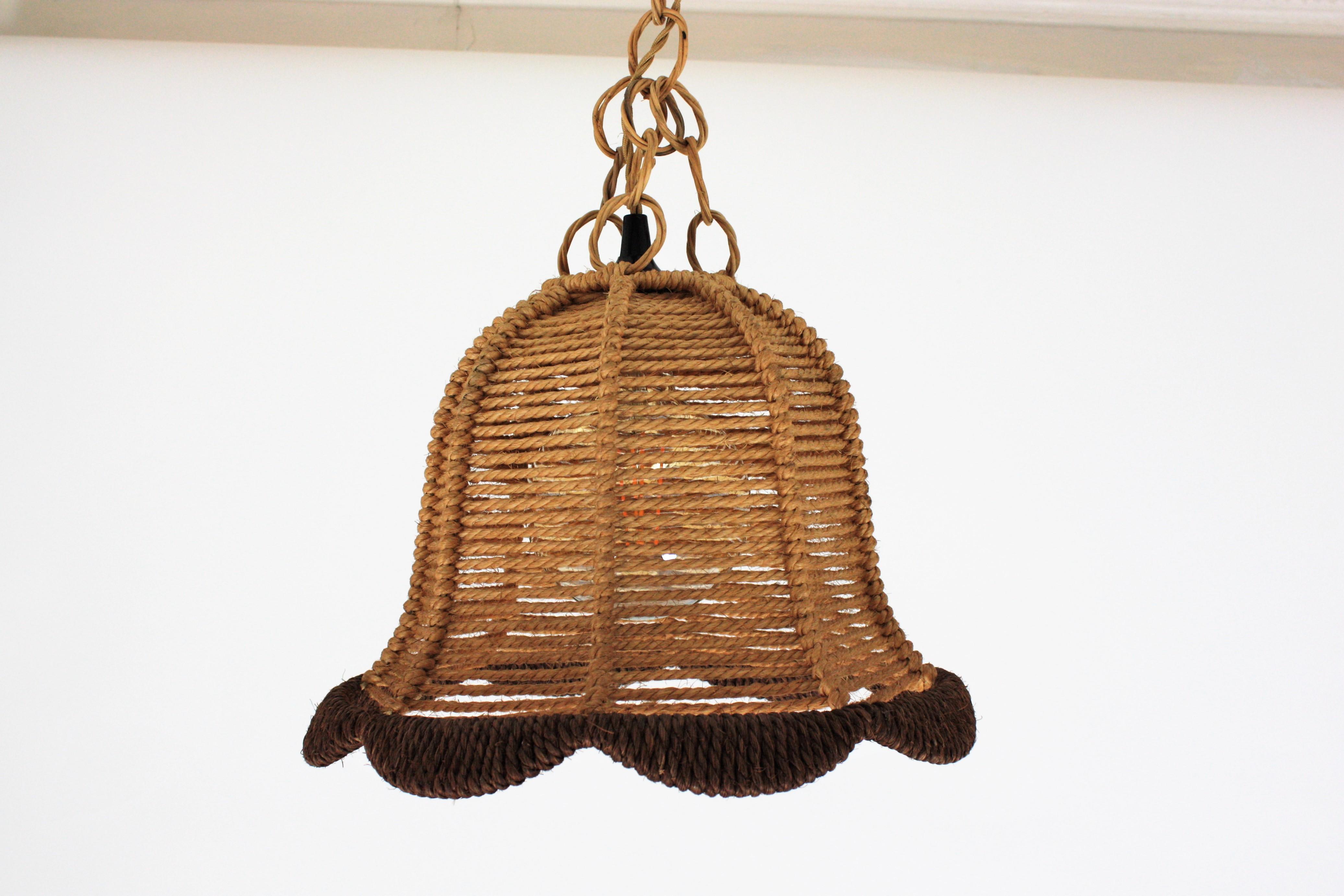 Rattan and Rope Bell Ceiling Pendant Light Hanging Lamp, Spain, 1960s In Good Condition In Barcelona, ES