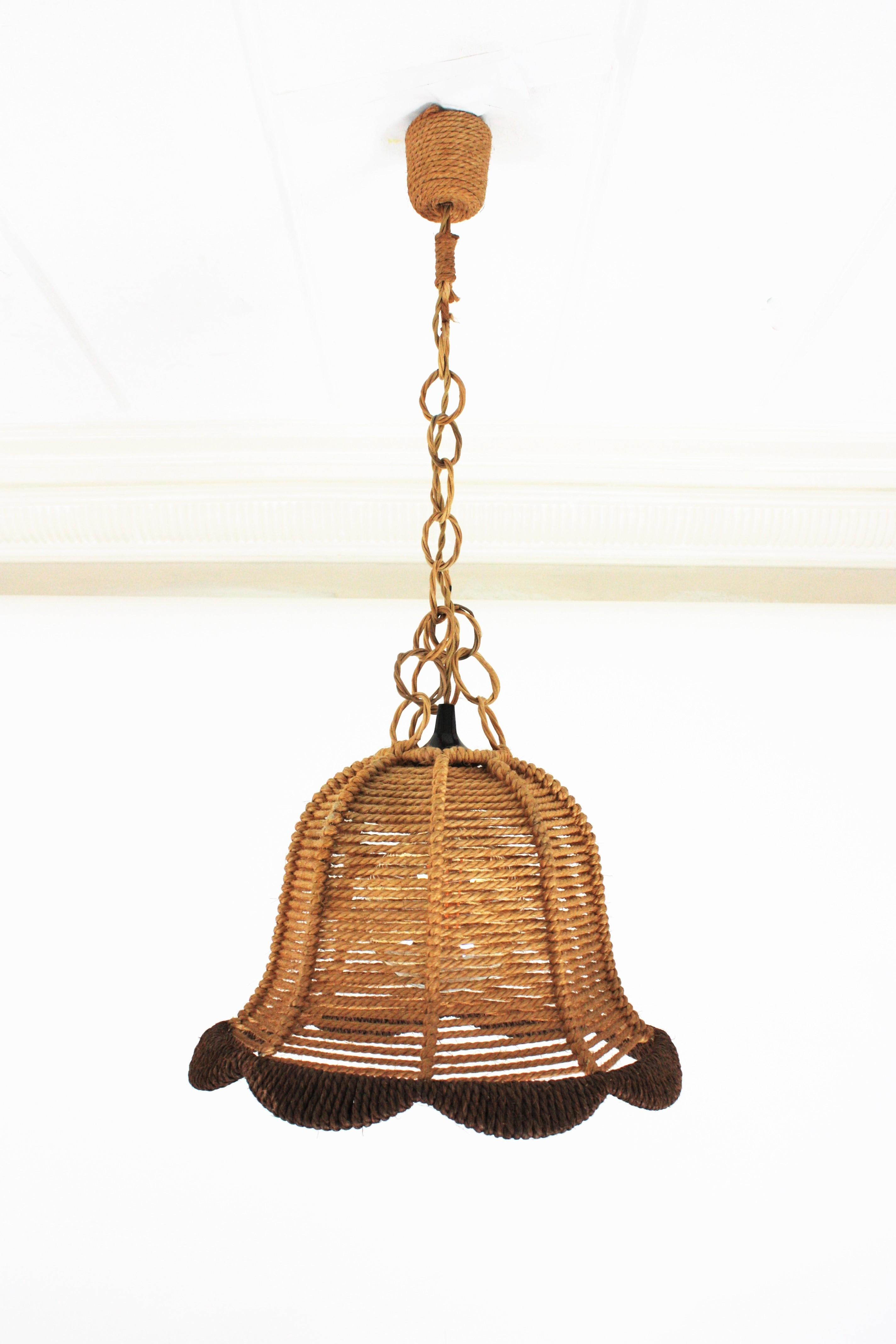 20th Century Rattan and Rope Bell Ceiling Pendant Light Hanging Lamp, Spain, 1960s