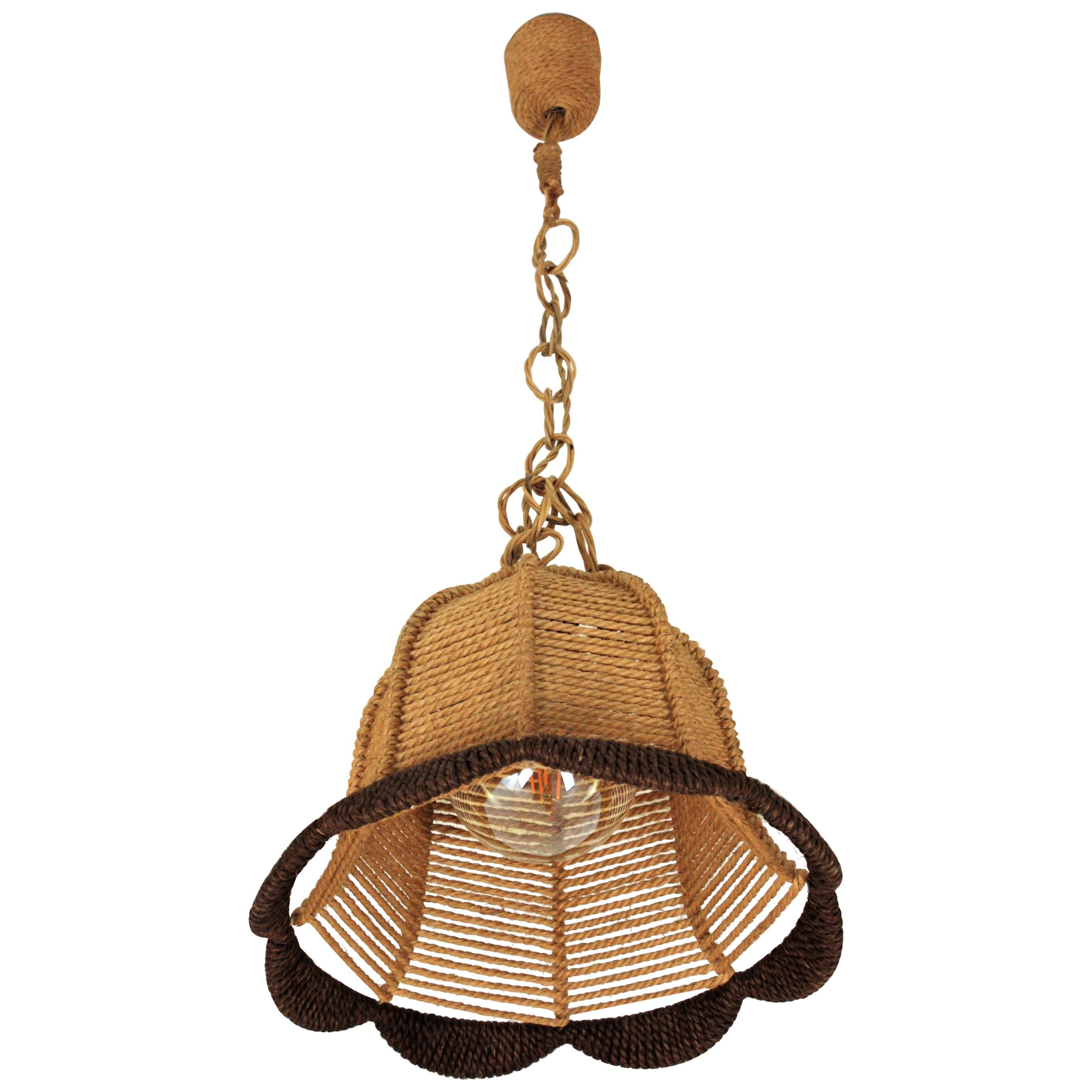 Rattan and Rope Bell Ceiling Pendant Light Hanging Lamp, Spain, 1960s