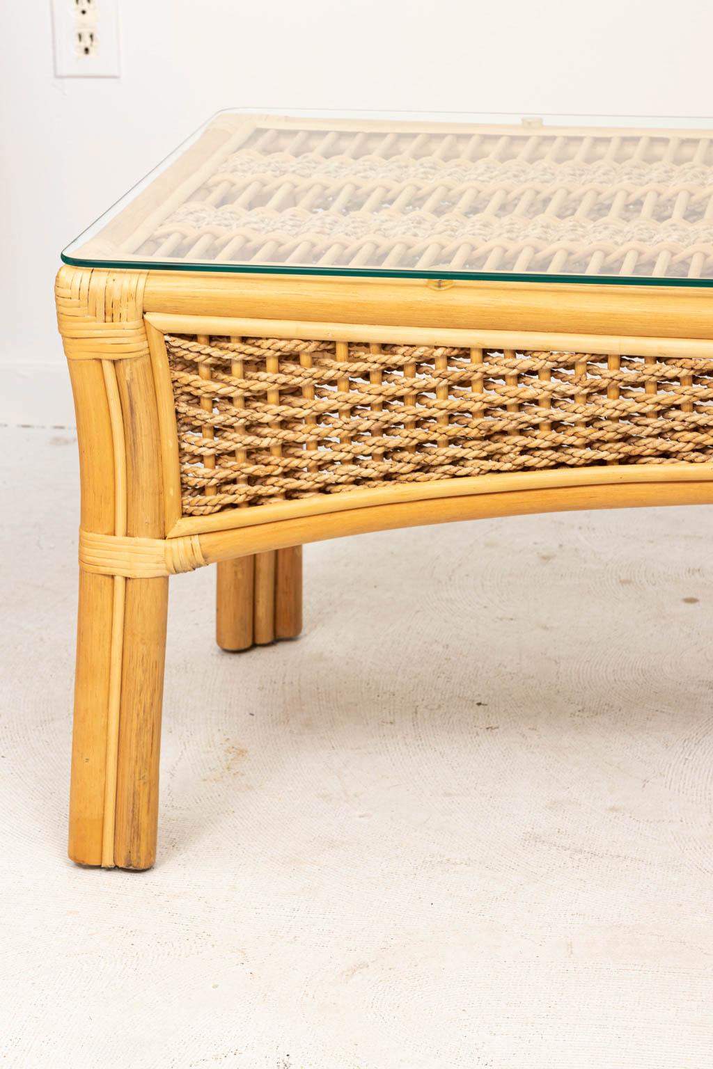 Hollywood Regency Rattan and Rope Glass Top Coffee Table
