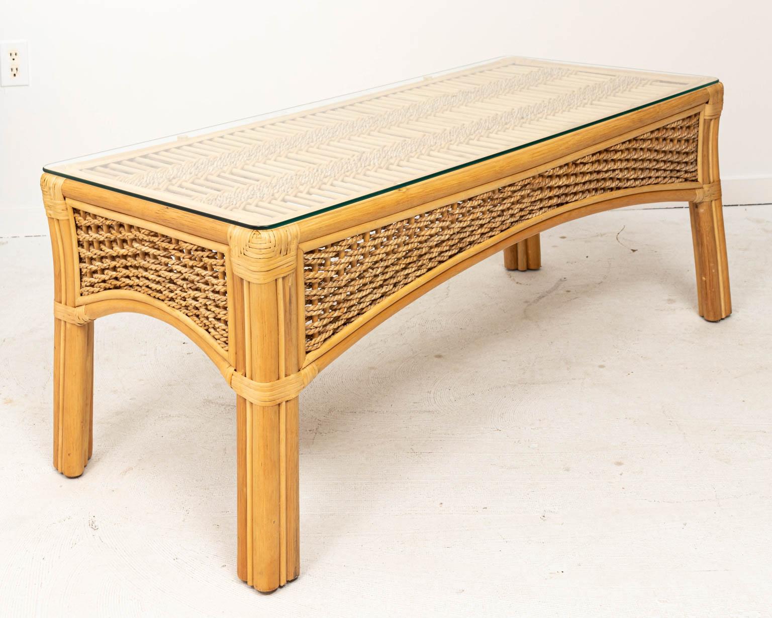 Rattan and Rope Glass Top Coffee Table In Good Condition In New York, NY