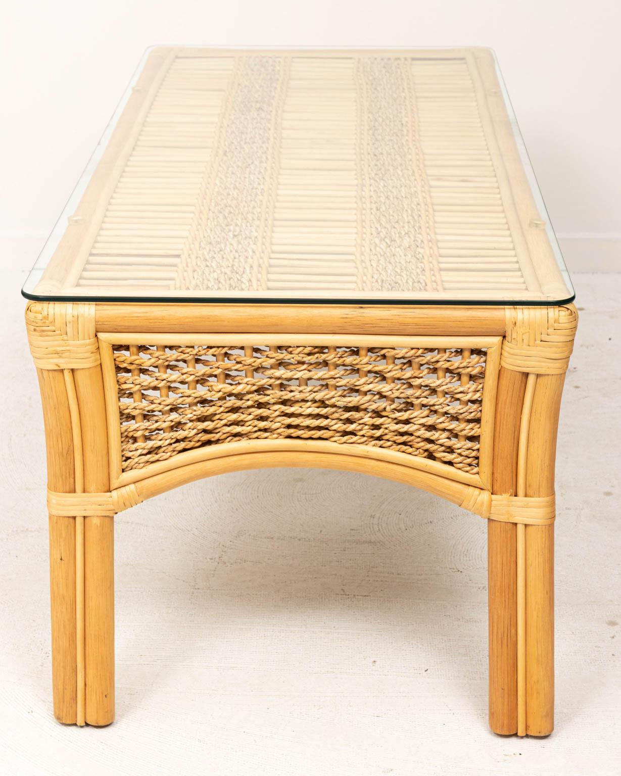 Late 20th Century Rattan and Rope Glass Top Coffee Table