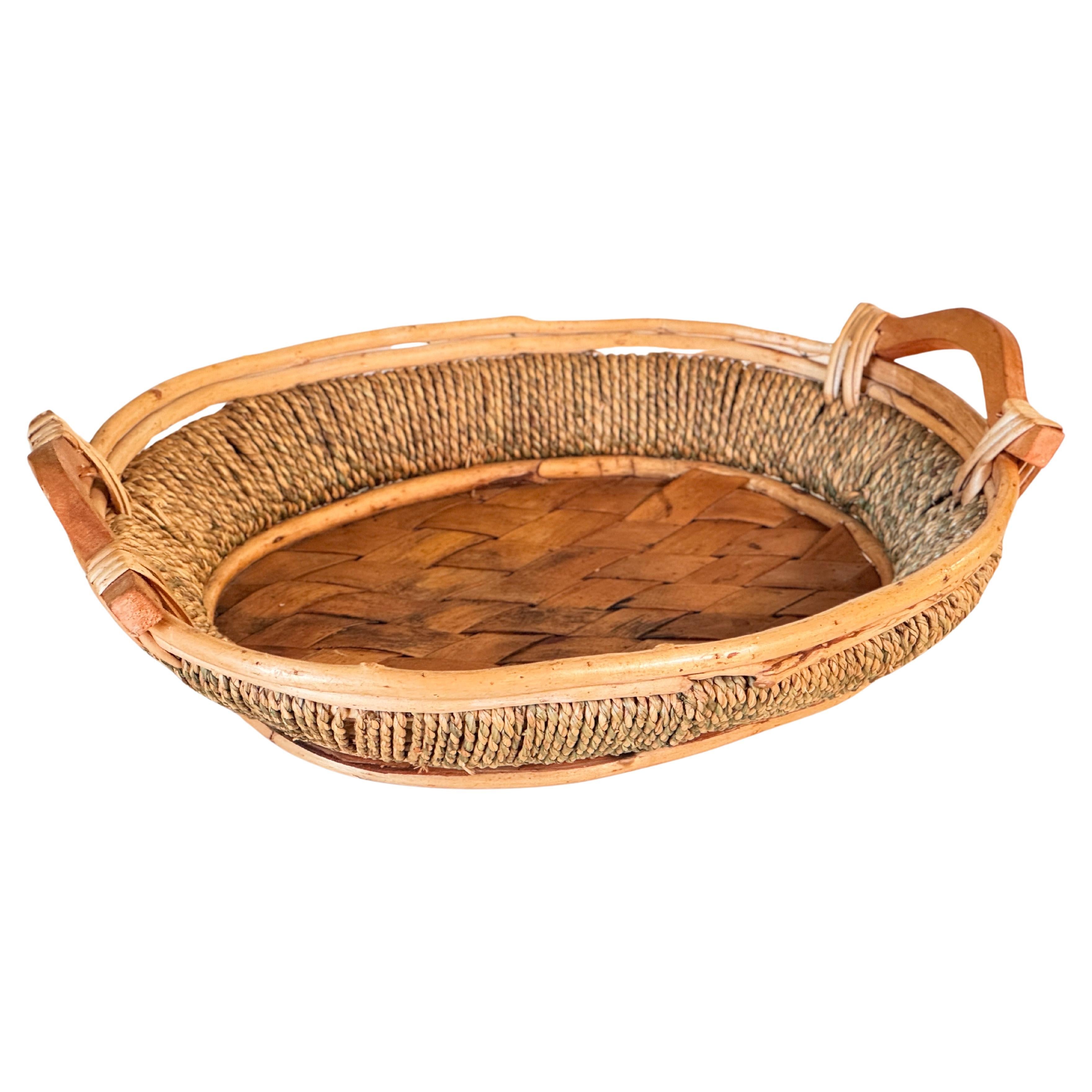 Rattan and Rope Italian Basket Bowl Centerpiece, 1970s Crespi Style For Sale