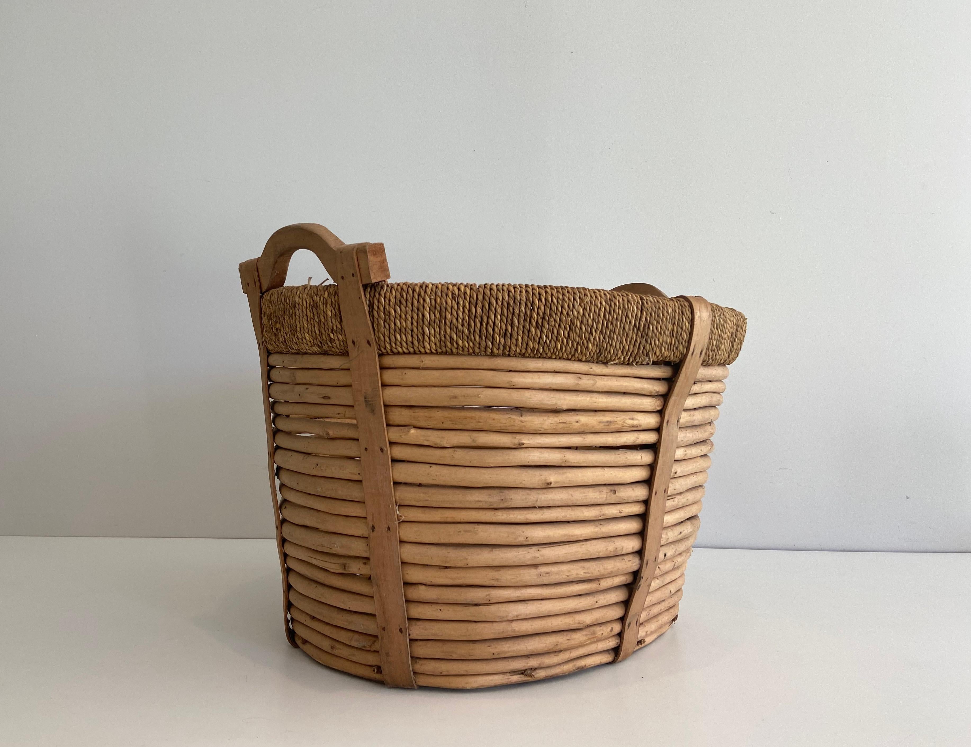 Mid-Century Modern Rattan and Rope Logs Basket, French Work, Circa 1950