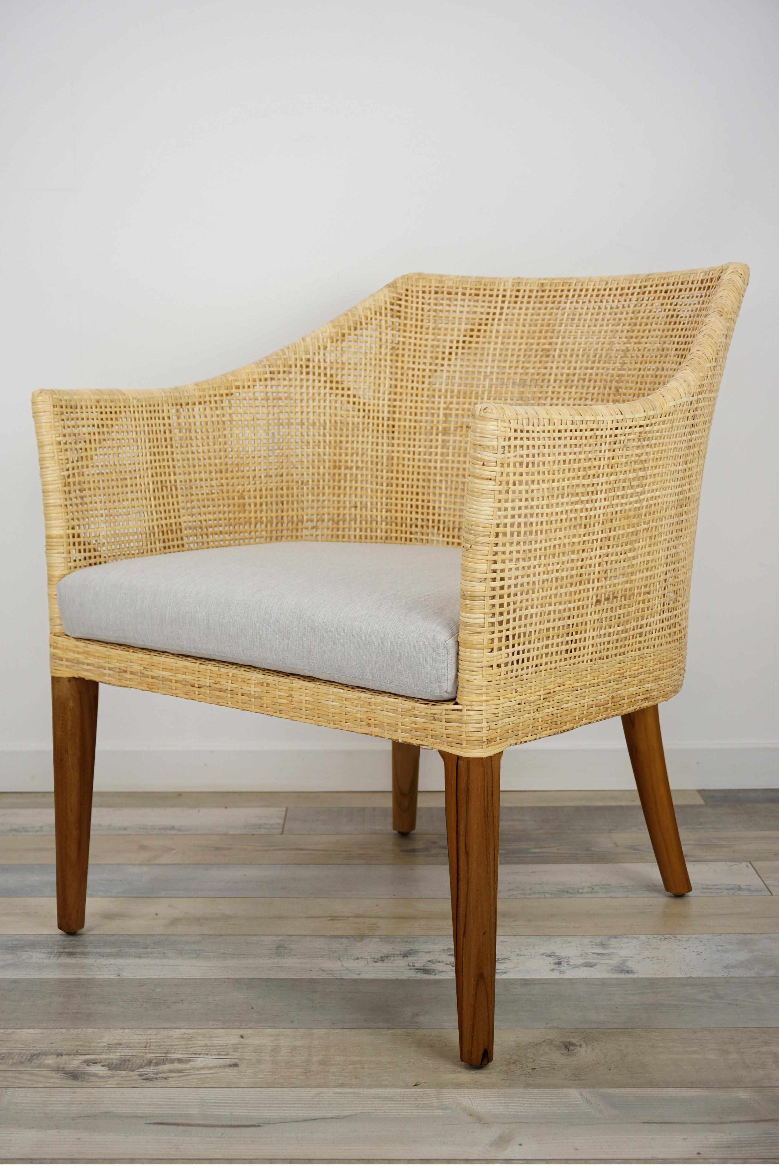 Rattan and Teak Wooden Armchair For Sale 3