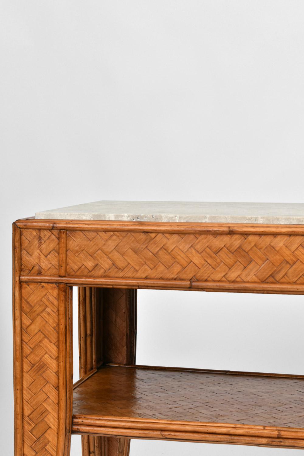 Space Age Rattan and travertine console table, 1960s. For Sale