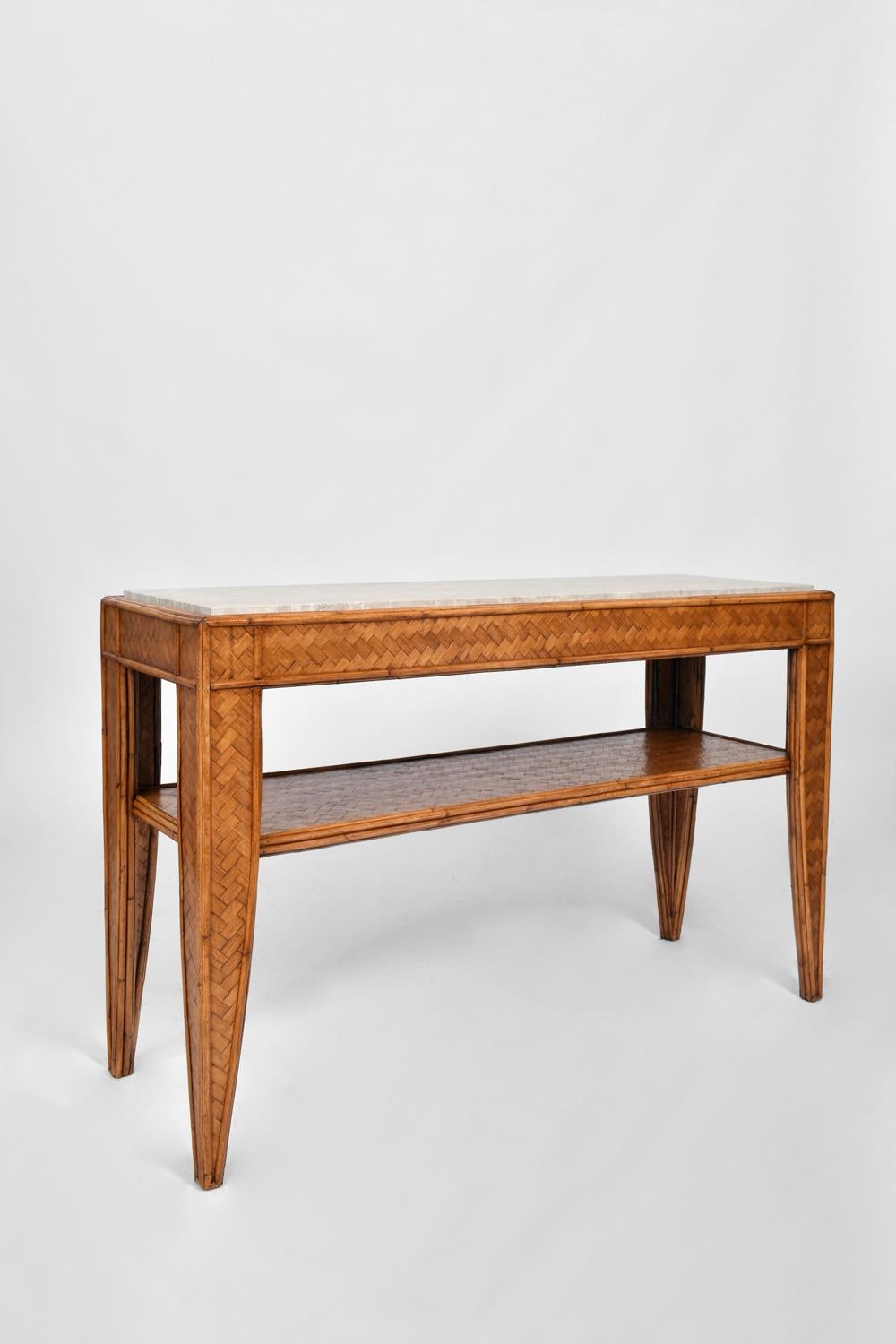 Italian Rattan and travertine console table, 1960s. For Sale