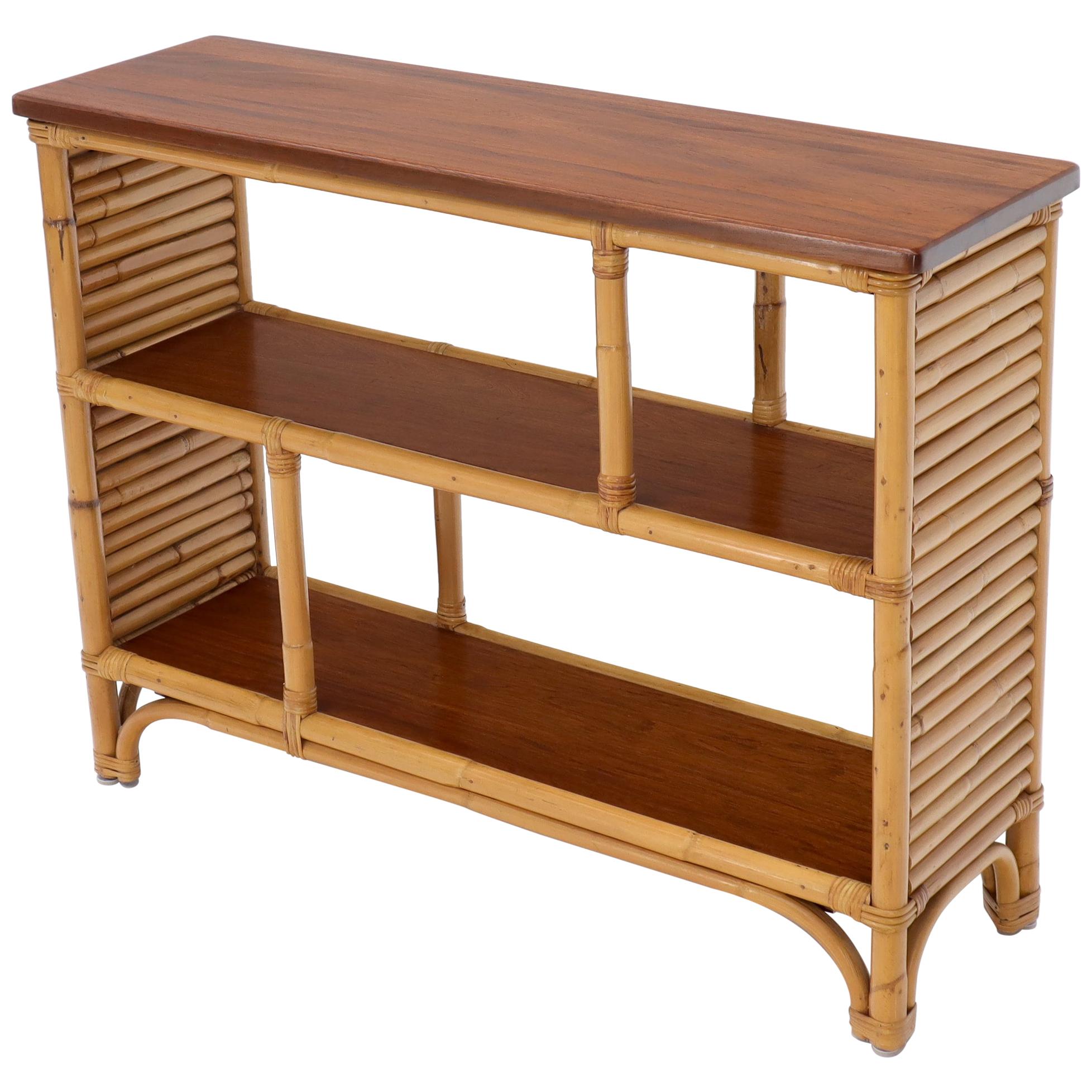 Rattan and Walnut Mid-Century Modern Console Table Shelf Bookcase