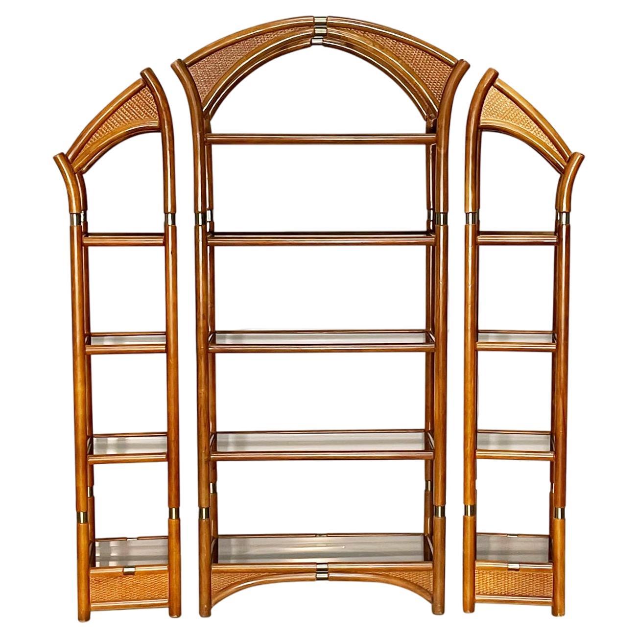 Rattan and Wicker 3 Piece Etagere Wall Unit For Sale