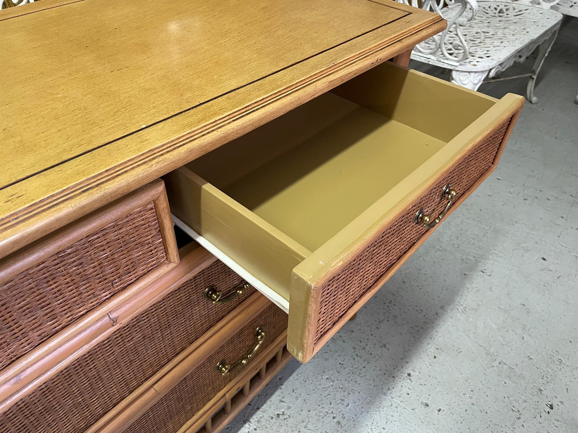 Brass Rattan and Wicker 7-Drawer Dresser