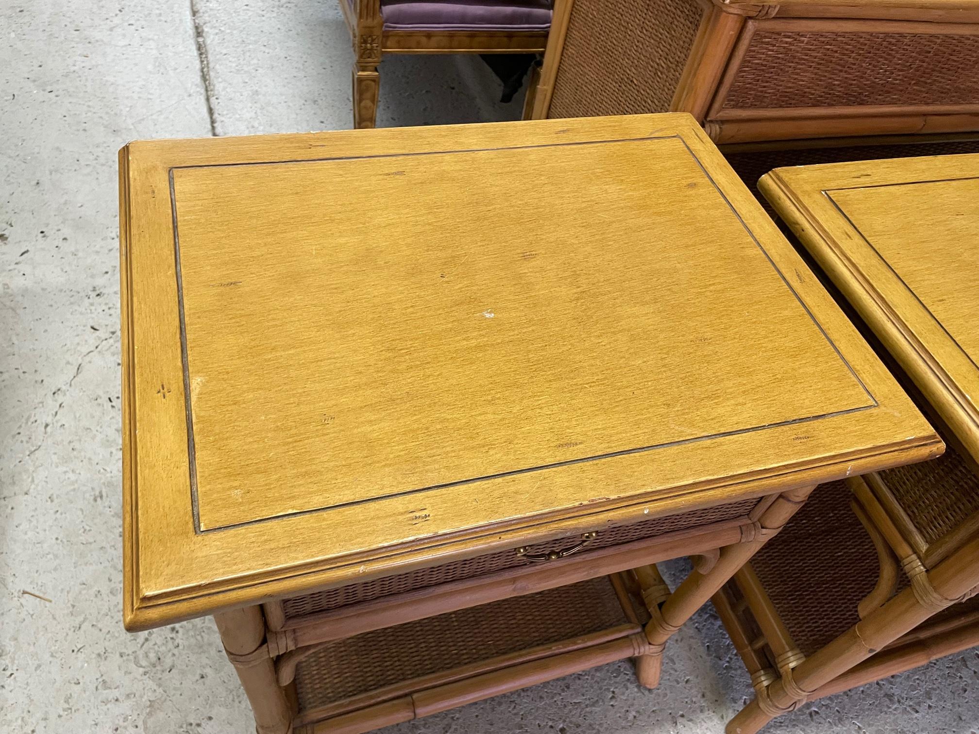Late 20th Century Rattan and Wicker 7-Drawer Nightstands, a Pair