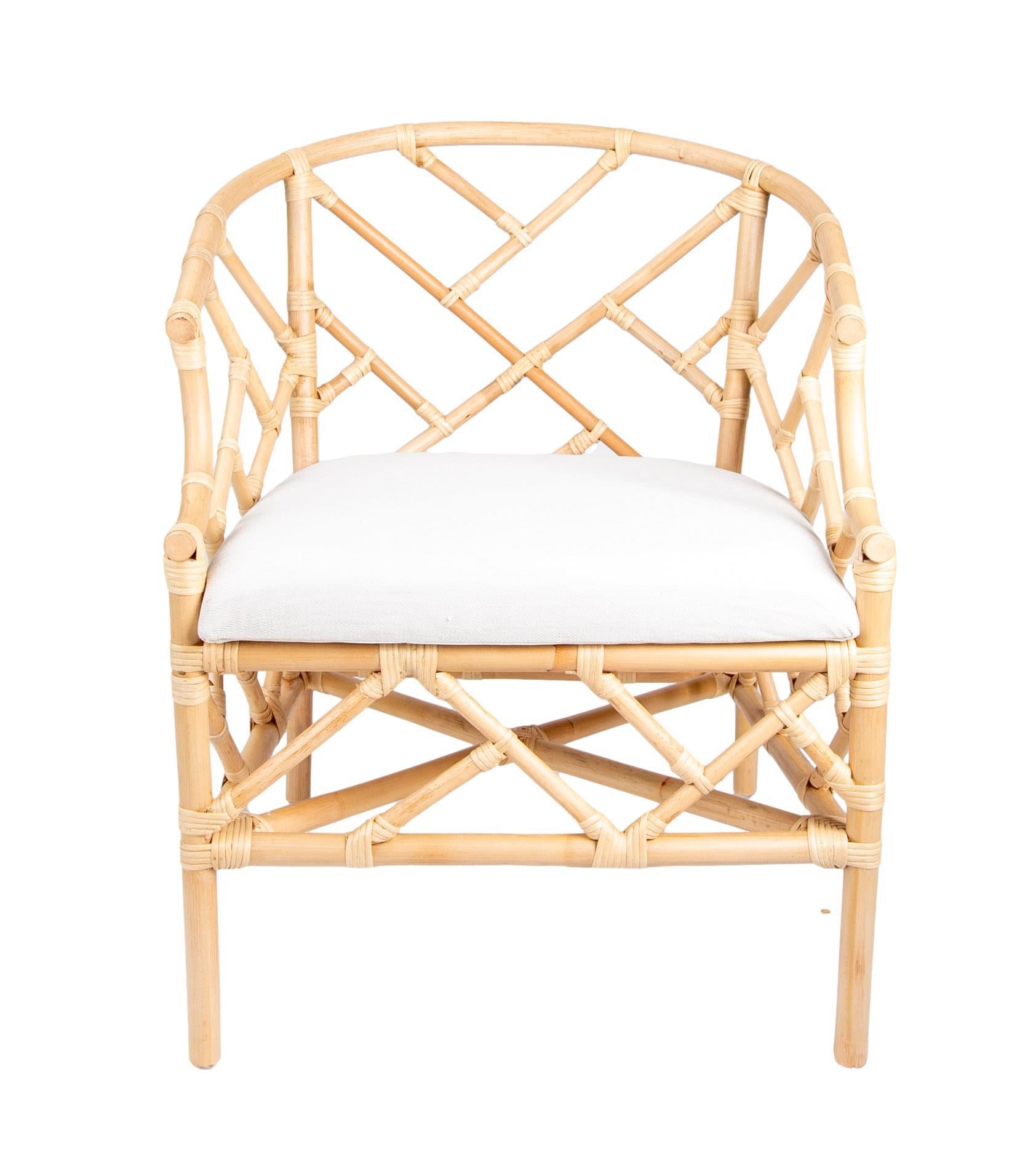 European Rattan and Wicker Armchair with White Cushion For Sale