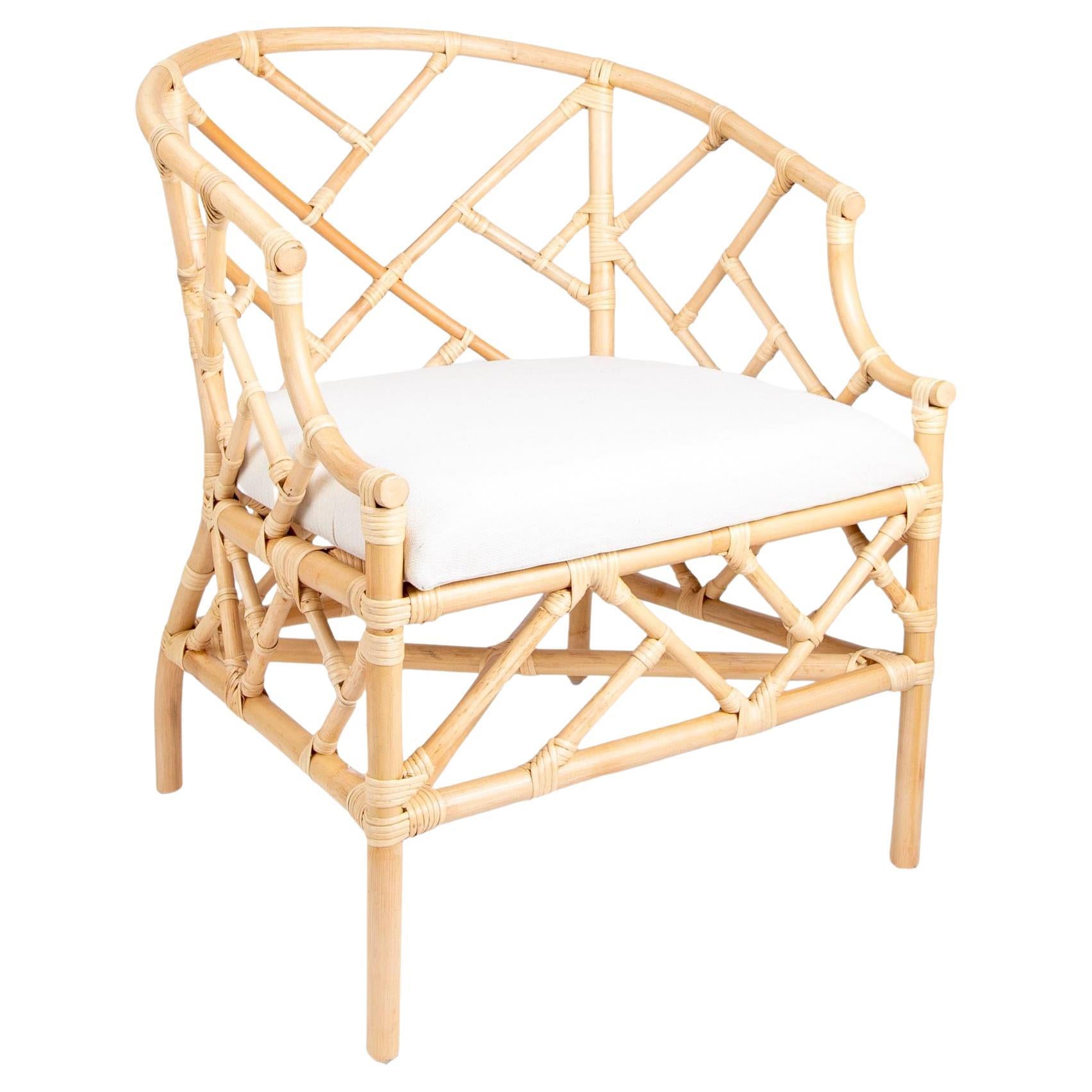 Rattan and Wicker Armchair with White Cushion For Sale