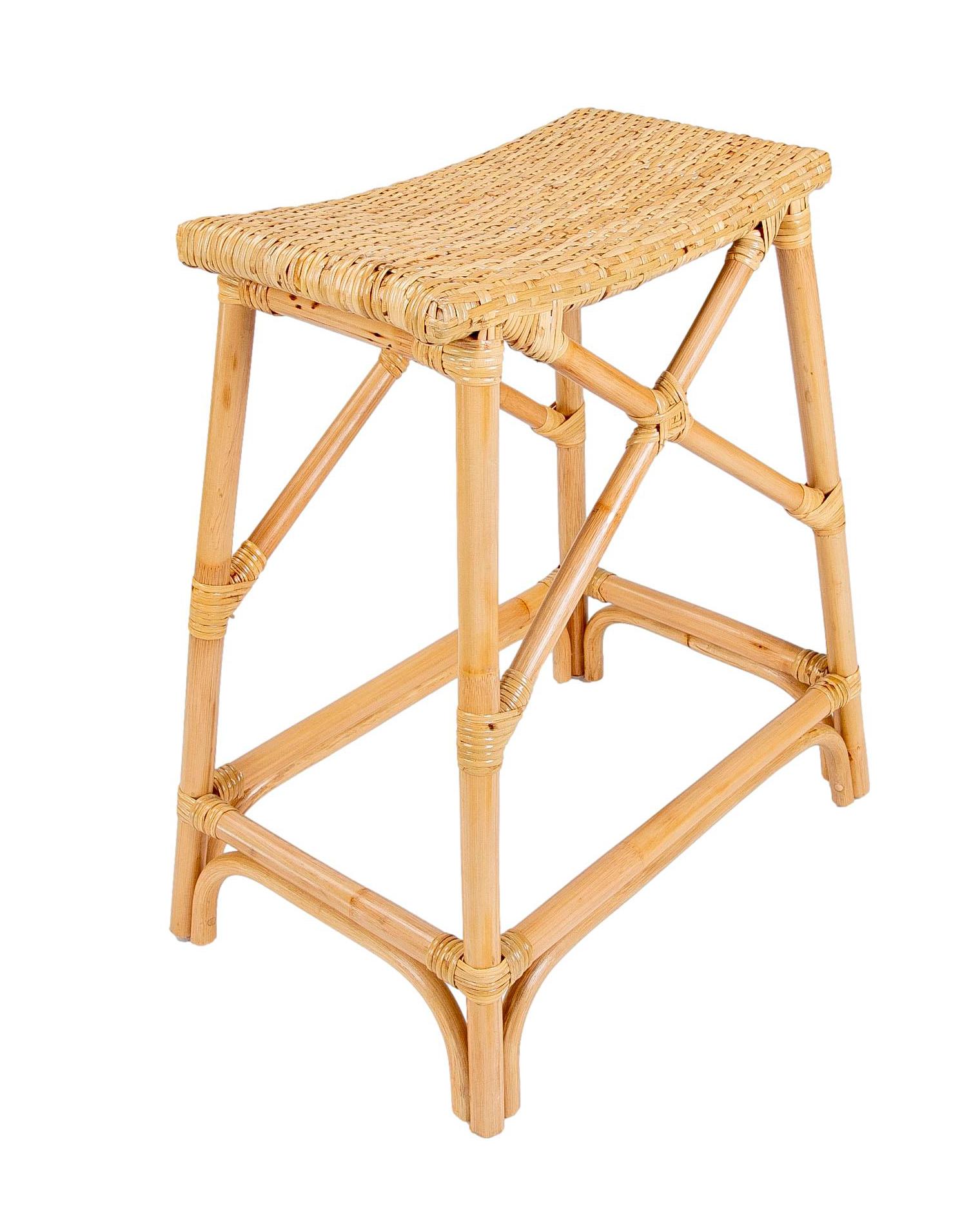 European  Rattan and Wicker Bar Stool with Interlaced Seat