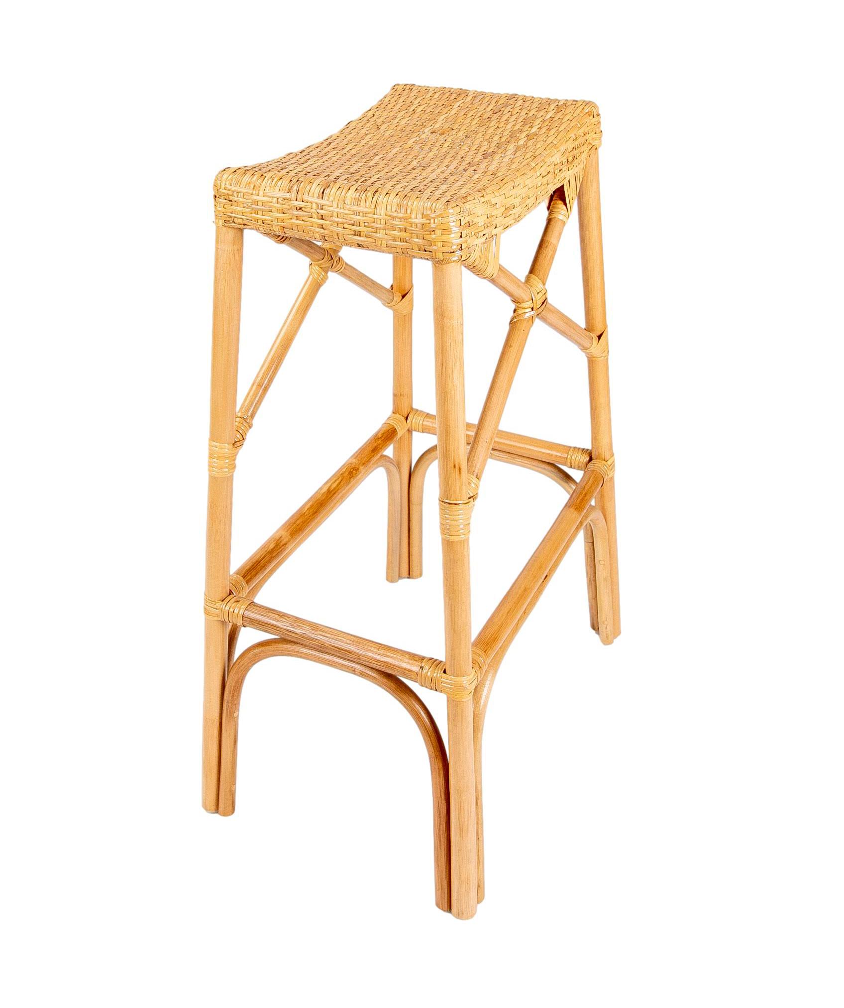 European Rattan and Wicker Bar Stool with Interlaced Seat For Sale