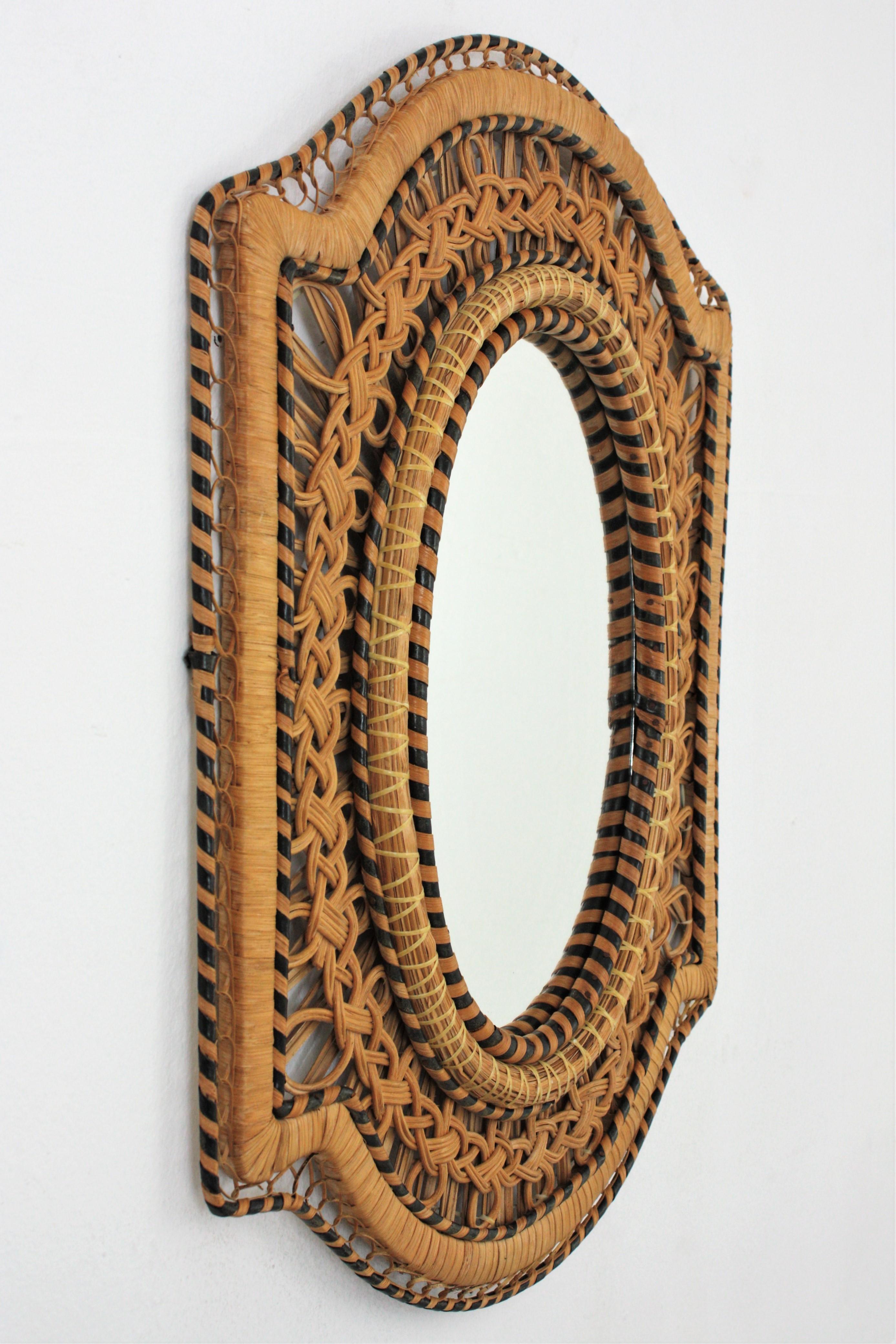 Rattan and Wicker Braided Emmanuelle Peacock Mirror, 1970s 2