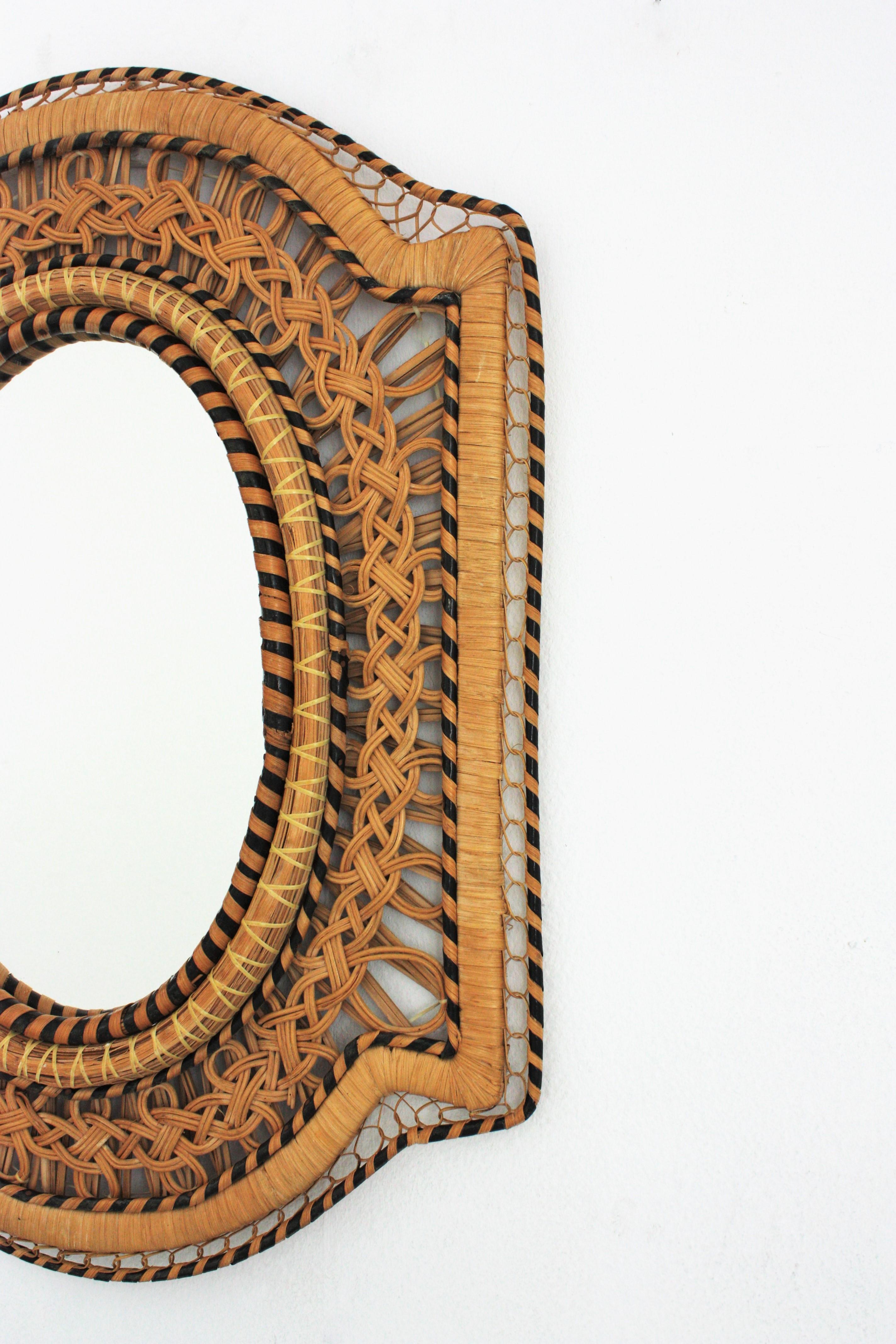 Spanish Rattan and Wicker Braided Emmanuelle Peacock Mirror, 1970s