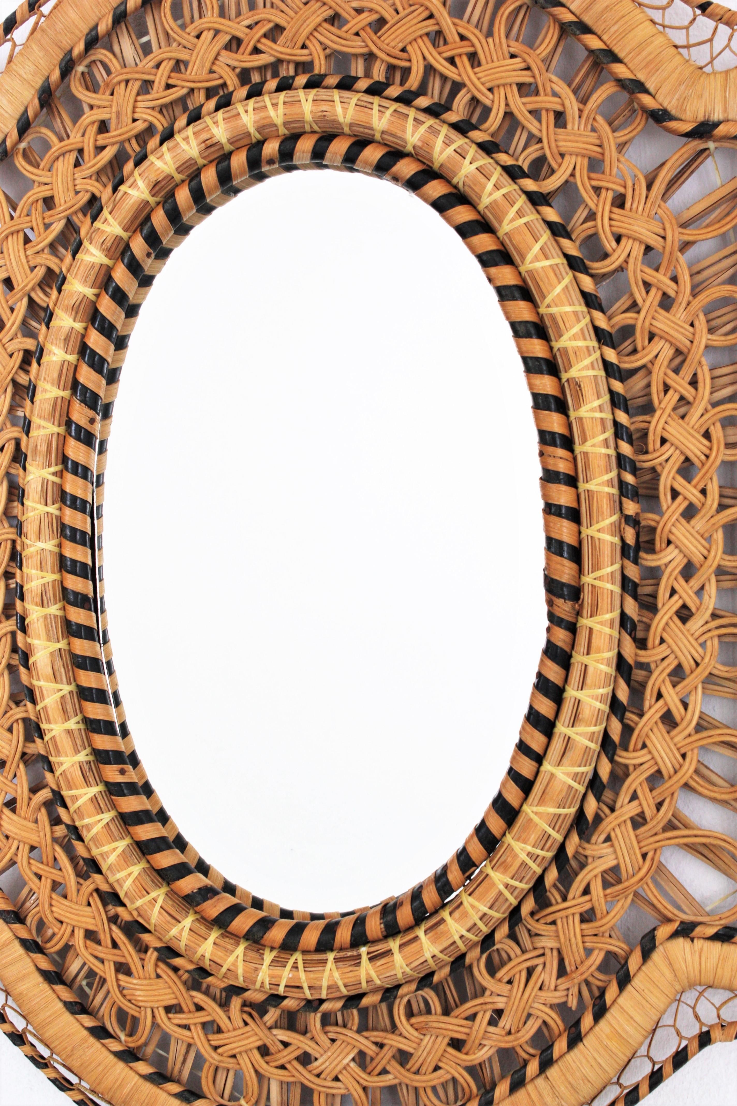 Rattan and Wicker Braided Emmanuelle Peacock Mirror, 1970s In Excellent Condition In Barcelona, ES